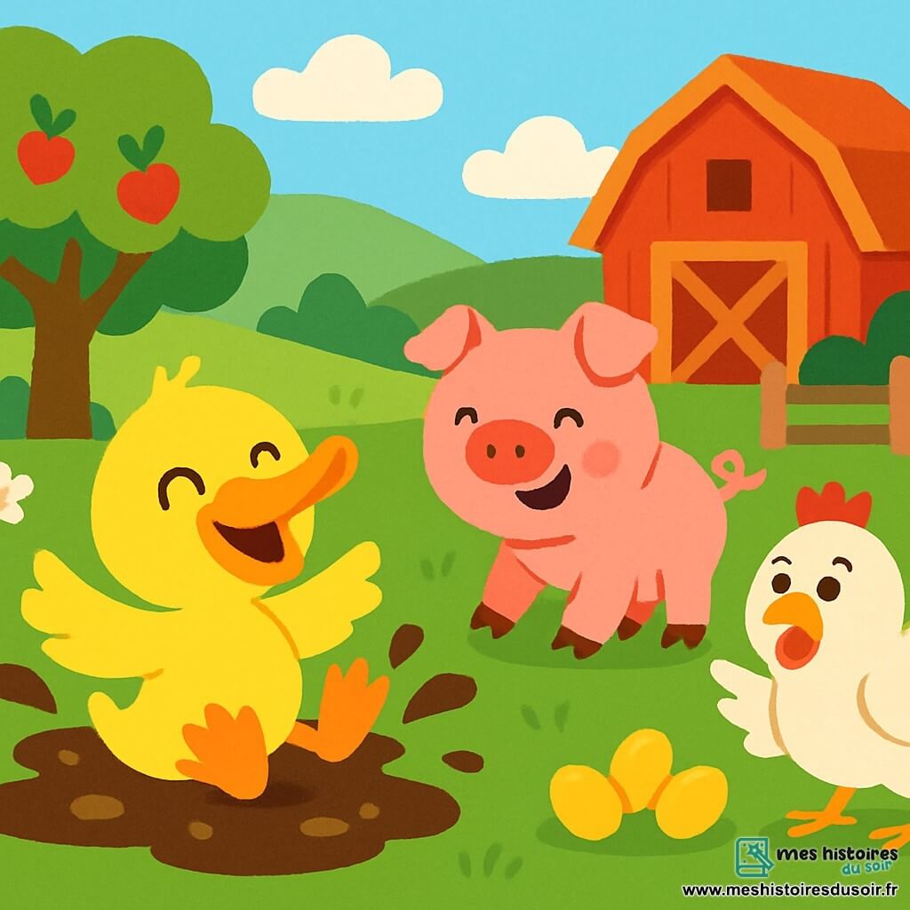 Un canard joyeux avec un plumage jaune glisse dans une flaque de boue, éclaboussant autour de lui. À côté, un cochon rose, amusé, se prépare à sauter dans la boue pour rejoindre son ami. Une poule blanche, inquiète, cherche désespérément ses œufs dorés, se tenant en retrait. La scène se déroule dans une ferme ensoleillée, entourée de champs verdoyants et de fleurs colorées, sous un ciel bleu avec des nuages. Le canard et le cochon s’amusent ensemble en cherchant les œufs perdus de la poule, créant une atmosphère de joie et d'amitié.