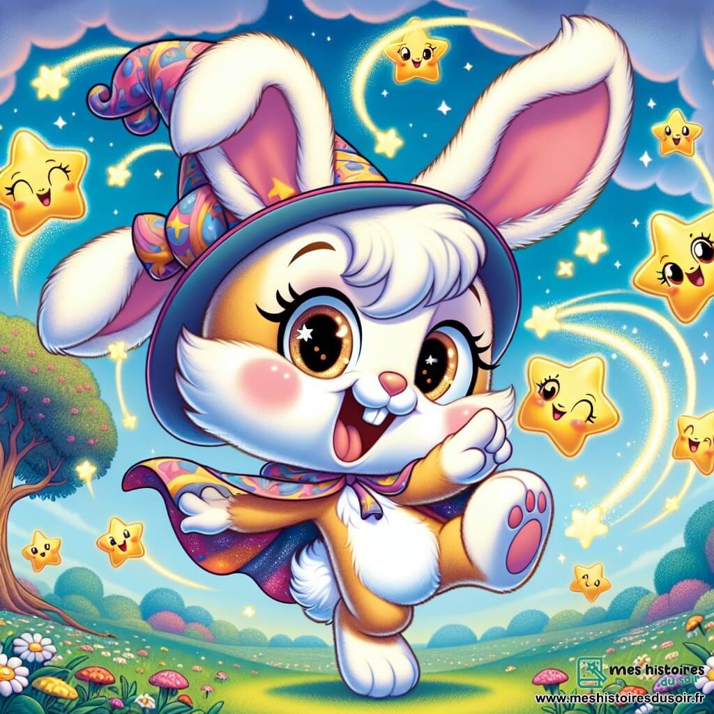 Biscotte, un jeune lapin magicien aux grandes oreilles blanches et aux yeux malicieux, danse joyeusement sous une pluie d'étoiles filantes. Son pelage doux et soyeux est agrémenté d'une petite cape colorée. Avec un large sourire, il partage sa joie. Autour de lui, des étoiles filantes souriantes dansent dans le ciel, ajoutant à la magie de la scène. Le décor est un champ verdoyant de Lapinopolis, parsemé de fleurs colorées et d'un grand chêne majestueux en arrière-plan, sous un ciel rempli de nuages cotonneux. Biscotte, le lapin rêveur, vit une aventure pleine de rires et de magie, découvrant que le plaisir et l'amitié sont essentiels.