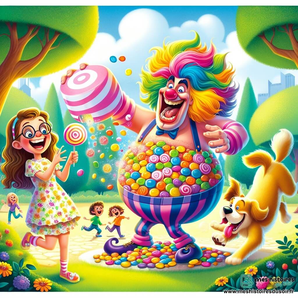 Au centre de l'image, Bob le Bizarre, un homme aux cheveux colorés, porte un costume de bonbons. Son visage exprime joie et malice alors qu'il fait apparaître une guimauve rose géante. Il est entouré de bonbons scintillants. À sa droite, Émilie, une petite fille de 8 ans avec des lunettes rondes, rit et tient une guimauve pour son chien Max, un petit chien doré qui saute joyeusement. Le décor est un parc ensoleillé avec des arbres, des fleurs colorées et un ciel bleu. La scène montre Bob amusant Émilie et Max, créant un moment magique et comique.
