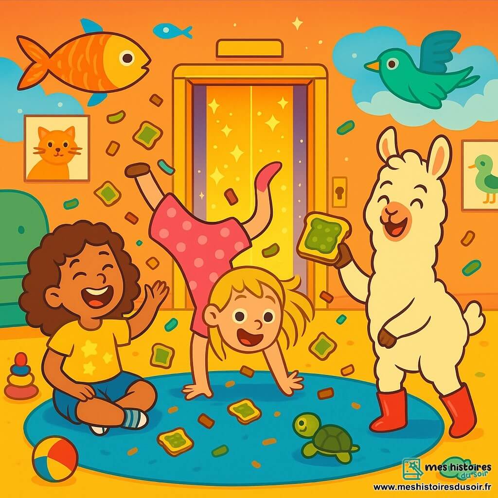Il y a trois personnages : Emma, une fille de 7 ans aux cheveux bouclés et bruns, portant un t-shirt jaune et un short en jean, assise sur le tapis en riant ; Zoé, une fille de 6 ans avec des cheveux raides et blonds, en robe rose à pois, dansant sur ses mains ; et Loulou, un lama joyeux au pelage blanc et aux bottes rouges, debout sur ses pattes arrière, souriant avec une tartine de confiture de cornichons. La scène se déroule dans un salon coloré avec un tapis bleu vif et des murs décorés de dessins d'animaux. Au centre, un ascenseur doré s'ouvre, libérant des étincelles. Emma et Zoé, entourées de confettis en forme de tartines, rient et dansent joyeusement avec Loulou, qui s'apprête à les emmener dans un monde à l'envers, tandis que des poissons volants et des oiseaux nagent dans un lac de nuages en arrière-plan.