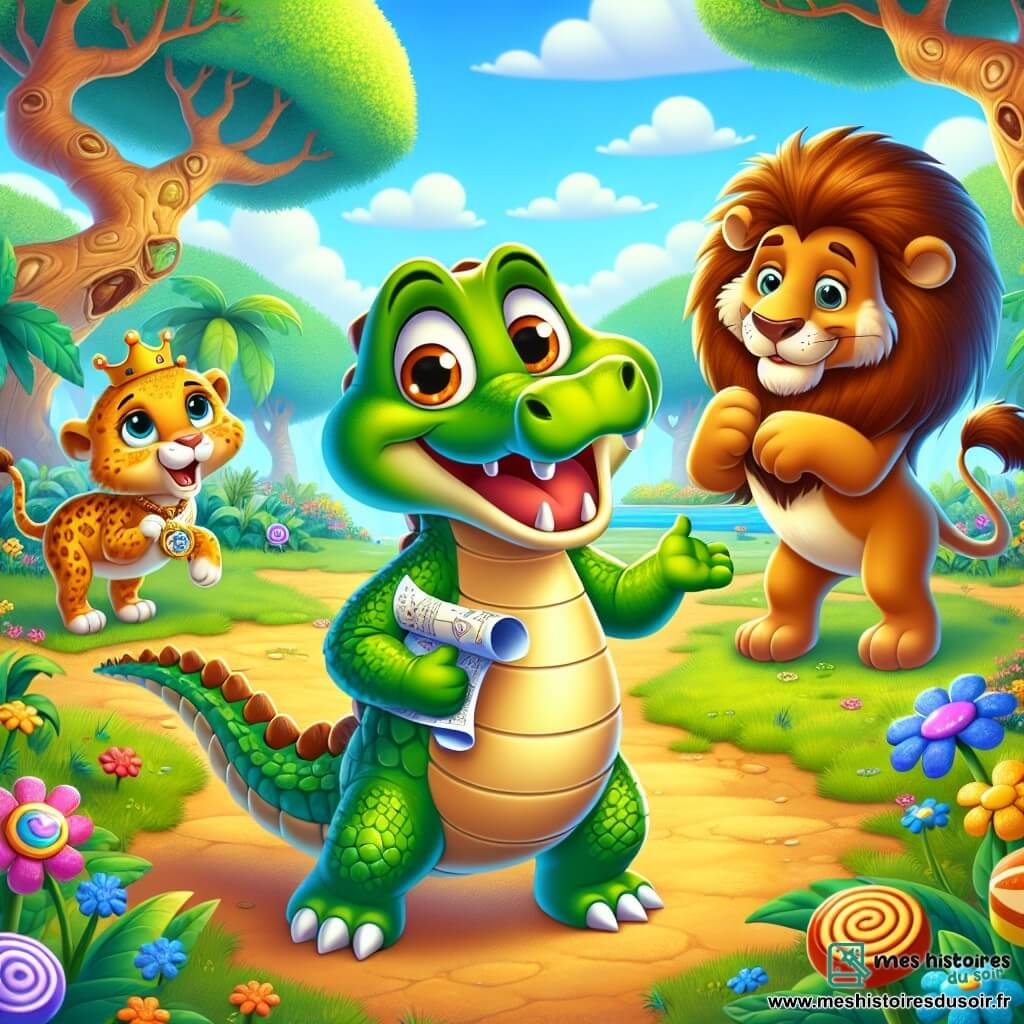 Un crocodile espiègle nommé Croco, avec un sourire malicieux et des écailles vertes brillantes, se tient au centre de la clairière, tenant une carte au trésor. À ses côtés, Léon le lion danse joyeusement, tandis que Clara la tortue applaudit en arrière-plan. La clairière est remplie de fleurs multicolores et de grands arbres, sous un ciel bleu éclatant, créant une ambiance festive. Les animaux célèbrent leur chasse au trésor, riant et jouant ensemble, entourés de bonbons colorés et de couronnes de fleurs.