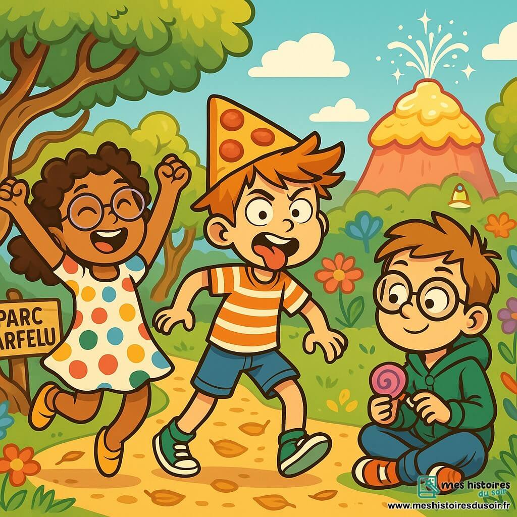 Il y a trois personnages : Samira, une fille de 9 ans aux cheveux bouclés et lunettes à ressort, vêtue d'une robe à pois colorés, qui saute de joie ; Hugo, un garçon de 10 ans avec des cheveux en bataille et un chapeau en forme de pizza, portant un t-shirt rayé et un short, qui fait une grimace comique ; et Tom, un garçon de 9 ans avec des lunettes épaisses, habillé d'un sweat à capuche vert et d'un pantalon en jean, assis par terre en train de déballer un bonbon. L'action se déroule au Parc Farfelu, un lieu magique avec des arbres tordus et des fleurs multicolores. Les trois amis se lancent dans une quête pour trouver la légendaire crotte de licorne géante, déterminés et entourés de créatures fantastiques.