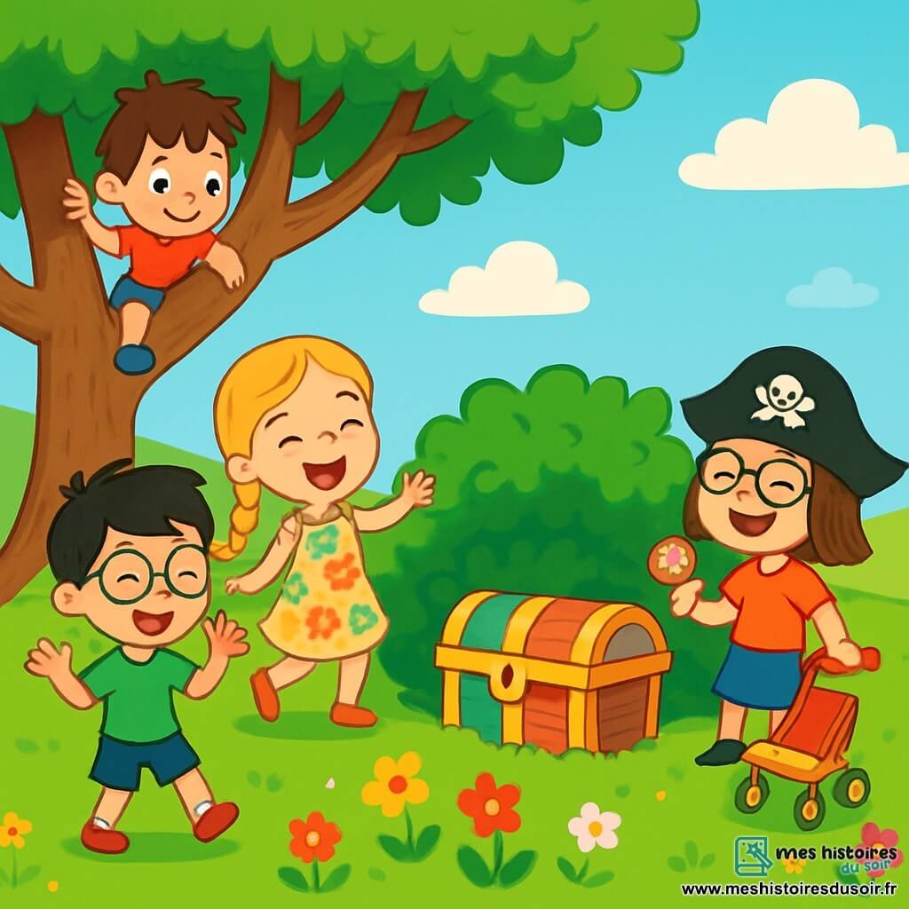 Quatre enfants jouent sur une colline verdoyante. Lucas, 8 ans, grimpe à un arbre, curieux de découvrir un trésor. Emma, 7 ans, danse joyeusement près d'un buisson. Léo, 6 ans, fait des gestes amusants en essayant d'attirer l'attention sur le trésor. Zoé, 7 ans, rit avec un bonbon à la main, portant un chapeau de pirate. Au sommet de la colline se dresse un vieux chêne, et un coffre en bois coloré est caché dans le buisson. Les enfants dansent autour du buisson, riant et chantant, sous un ciel bleu parsemé de nuages. L'ambiance est joyeuse et pleine d'aventure.