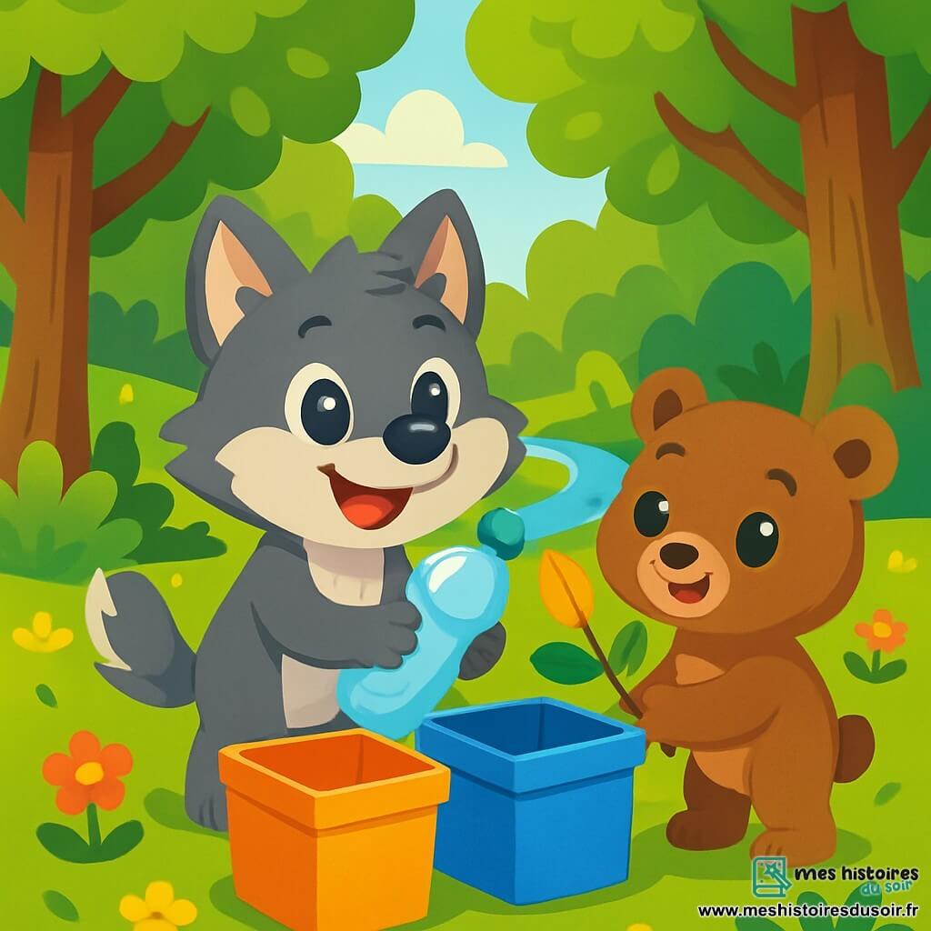 Un petit loup nommé Léo, avec une fourrure grise et des yeux brillants, se tient au centre de la scène, souriant et tenant une bouteille en plastique. À ses côtés, un ourson brun admire Léo tout en tenant une branche décorée de feuilles colorées pour créer une poubelle. La scène se déroule dans une forêt verdoyante avec de grands arbres, un ruisseau scintillant et des fleurs colorées. Léo et ses amis nettoient la forêt en ramassant des déchets et en les mettant dans des poubelles colorées qu'ils ont fabriquées. L'atmosphère est joyeuse et collaborative, pleine de rires et d'énergie positive, alors qu'ils travaillent ensemble pour préserver la beauté de leur maison.