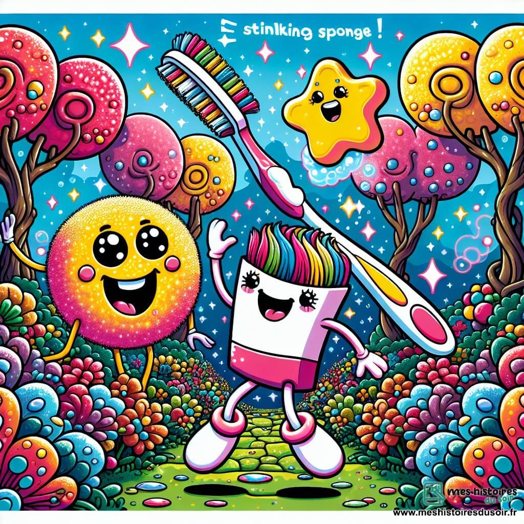 Brosse-Bosse, une brosse à dents souriante avec des poils colorés et des yeux pétillants, danse joyeusement au centre d'un jardin magique, entourée de fleurs géantes et de bulles scintillantes. À sa droite, L'éponge Éclair, une éponge jaune vif avec des bras en forme de petites mains, saute avec enthousiasme. À sa gauche, Savonnet, un savon rose en forme de cœur, flotte dans les airs, ses bulles éclatantes s'échappant de lui. Le jardin est rempli de couleurs vives, avec des arbres aux feuilles multicolores et un ciel bleu parsemé de nuages en forme de bonbons. Brosse-Bosse et ses amis s'unissent pour chasser les bulles prouteuses qui cachent le soleil, créant une atmosphère joyeuse et pleine d'énergie.