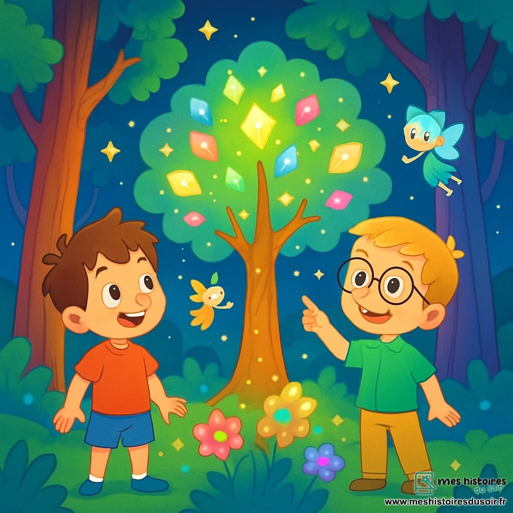 Max, un garçon de 8 ans aux cheveux bruns en bataille et aux yeux curieux, porte un t-shirt rouge et un short bleu. Lucas, 7 ans, a des cheveux blonds et des lunettes rondes, vêtu d'une chemise verte et d'un pantalon beige. Ils se trouvent dans une forêt enchantée avec des arbres multicolores et des feuilles brillantes. Des fées dansent autour d'eux. Ils découvrent un arbre magique aux feuilles scintillantes, prêts à vivre une aventure incroyable dans ce monde fantastique.