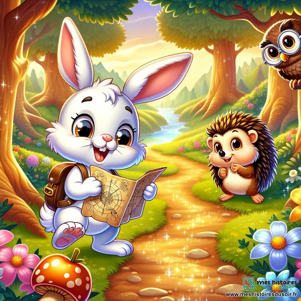 Illustration d'un petit lapin au pelage blanc, avec de grandes oreilles et des moustaches, exprimant excitation et curiosité. Il se tient sur ses pattes arrière, tenant une vieille carte, prêt à partir à l'aventure. Non loin, une chouette brune avec des lunettes sourit, ses ailes légèrement déployées, et un hérisson aux piquants dorés roule une pomme avec son nez, affichant une expression amicale. La scène se déroule dans une forêt magique, baignée de lumière dorée, avec des arbres chantants, des fleurs colorées et un ruisseau scintillant. Le lapin est prêt à traverser un pont de brume menant à la Clairière Enchantée, tandis que ses amis l'encouragent, créant une atmosphère d'aventure et d'amitié. Des rayons de soleil, des papillons et un coffre ancien suggèrent la promesse d'un trésor caché.