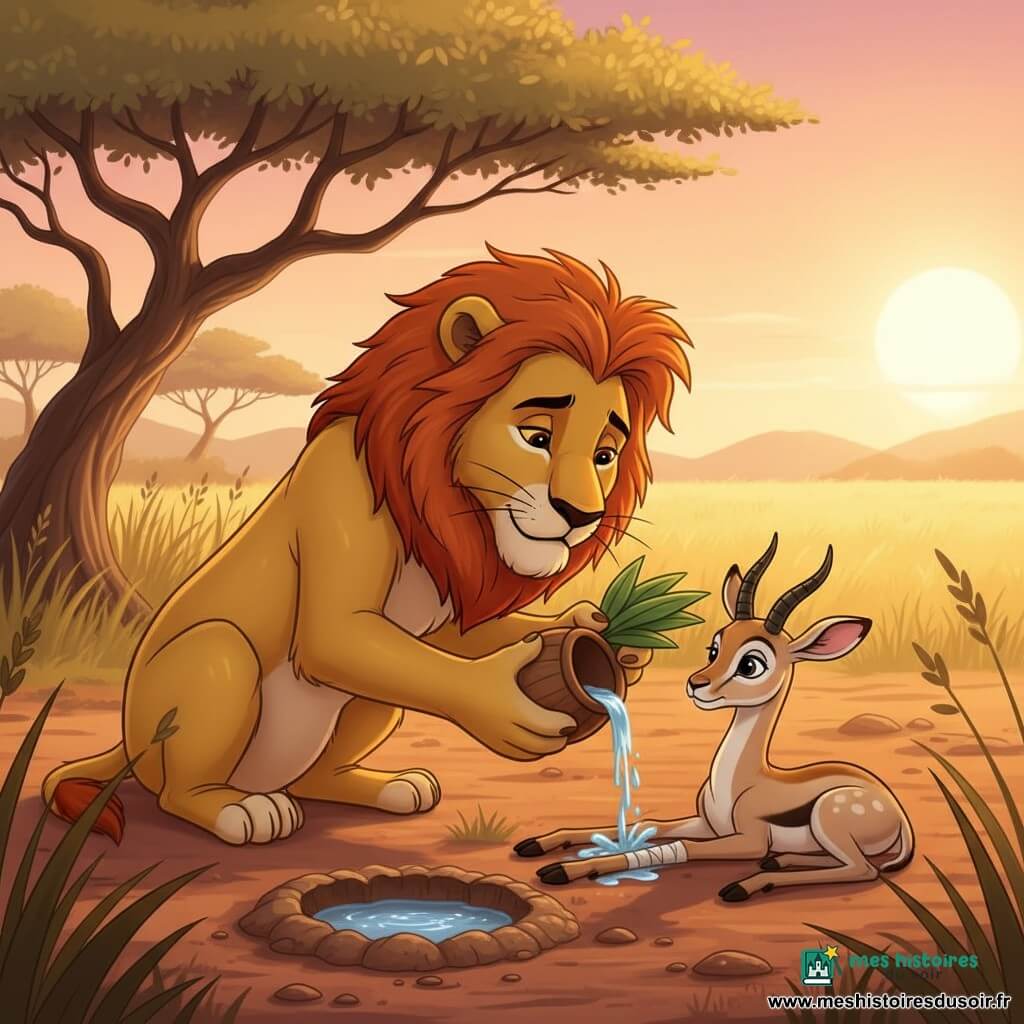 Lion mâle au pelage doré et crinière rousse, penché pour verser de l'eau d'une calebasse sur la patte bandée d'une petite gazelle beige allongée près d'un trou d'eau boueux, regard soulagé; feuilles vertes dans la main du lion prêtes comme pansement; clairière de savane aux hautes herbes jaunes, grand acacia tordu, terre rouge; scène de soin et de compassion au coucher du soleil, cadrage rapproché centré sur leur échange.