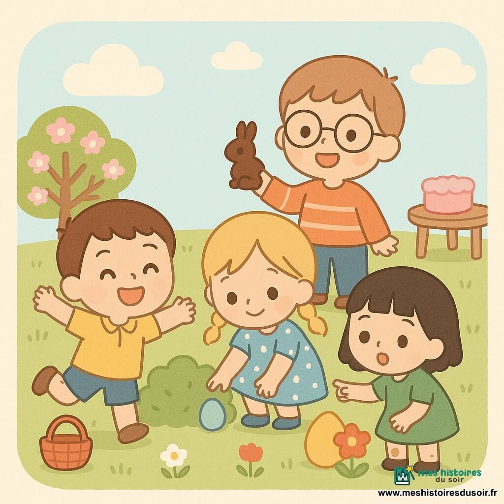 Quatre enfants dans un jardin printanier ensoleillé font une chasse aux œufs de Pâques joyeuse : Sacha, garçon de 6 ans aux cheveux bruns courts, chemise jaune, tient un petit panier rouge et saute de joie ; Zoé, fille de 5 ans aux nattes blondes, robe bleue à pois, accroupie au centre ramassant un œuf bleu près d’un buisson ; Lila, fille de 4 ans aux cheveux noirs et frange, robe verte avec taches de terre aux genoux, pointe un gros œuf jaune derrière une fleur rouge ; Tom, garçon de 7 ans aux cheveux châtain clair et lunettes rondes, pull rayé orange, tient un lapin en chocolat et rit derrière Zoé ; herbe verte, petites fleurs rouges et blanches, buisson rond à gauche, pommier en fleurs en arrière-plan, petite table en bois avec un gâteau rose à droite, ambiance lumineuse, couleurs pastel, style kawaii minimal, expressions heureuses.