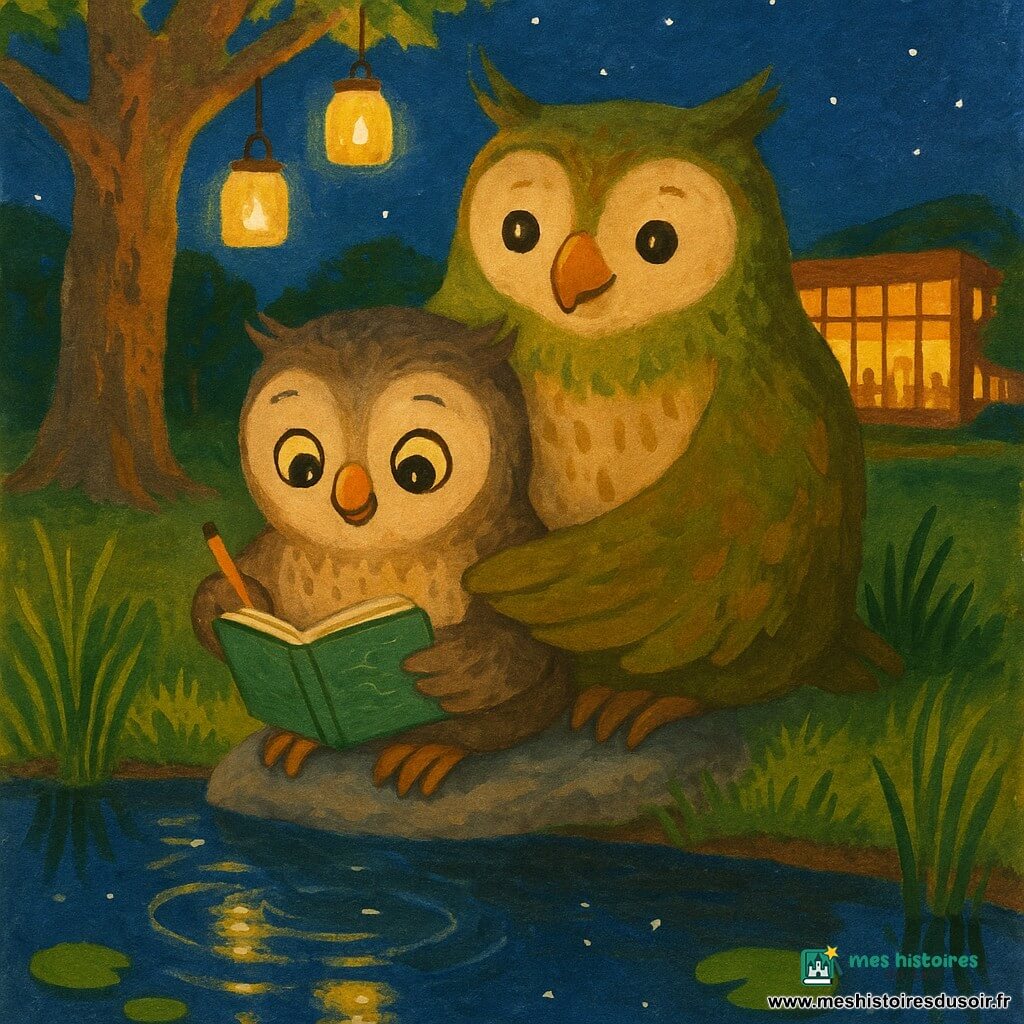 Petit hibou enfant Nilo au plumage brun-gris tient un carnet vert et dessine la surface de la mare assis sur une pierre, tandis que sa mère Liora, plus grande aux plumes mousse et brun chaud, l'entoure d'une aile ; la mare nocturne reflète un ciel étoilé avec nénuphars et herbes basses, lanternes en bocaux suspendues diffusant une lumière jaune douce, le platane du square et la silhouette éclairée d'un centre culturel apparaissent en arrière-plan, créant un moment intime, serein et tendre.