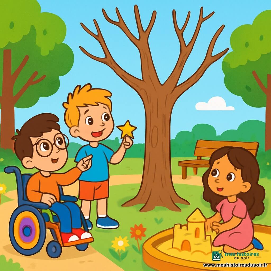 Il y a trois personnages : Léo, un garçon de 8 ans avec des cheveux bruns et des lunettes rondes, assis dans un fauteuil roulant coloré, souriant et observant un arbre. Tim, un garçon de 7 ans avec des cheveux blonds en bataille et un t-shirt bleu, se tient à côté de Léo, tenant un autocollant en forme d'étoile. Mia, une fille de 6 ans avec des cheveux longs et bouclés, portant une robe rose, est accroupie près du bac à sable, construisant un château tout en les regardant. Le lieu est un parc ensoleillé avec de grands arbres, des bancs en bois et un bac à sable doré. Au centre, un grand arbre nu attire leur attention. Léo, Tim et Mia sont en pleine enquête, entourés de l'atmosphère joyeuse du parc.