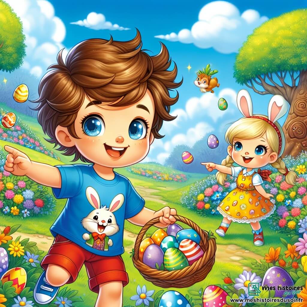 Tim, un petit garçon de 5 ans aux cheveux châtains en désordre et aux yeux pétillants, porte un tee-shirt bleu avec un grand lapin et un pantalon court rouge. Il tient un panier en osier rempli d'œufs colorés et cherche un œuf magique dans le jardin. À ses côtés, sa meilleure amie Léa, également âgée de 5 ans, avec de longs cheveux blonds tressés et une robe jaune avec des lapins, l'encourage en pointant une carotte dorée au loin. Le jardin enchanteur est rempli de fleurs multicolores, d'arbres majestueux et d'arbres en chocolat, sous un ciel bleu avec des nuages blancs. Tim et Léa, entourés de petits animaux comme des lapins et des oiseaux, participent à la chasse aux œufs de Pâques, cherchant ensemble l'œuf magique près de la carotte dorée, symbolisant l'amitié et la coopération.