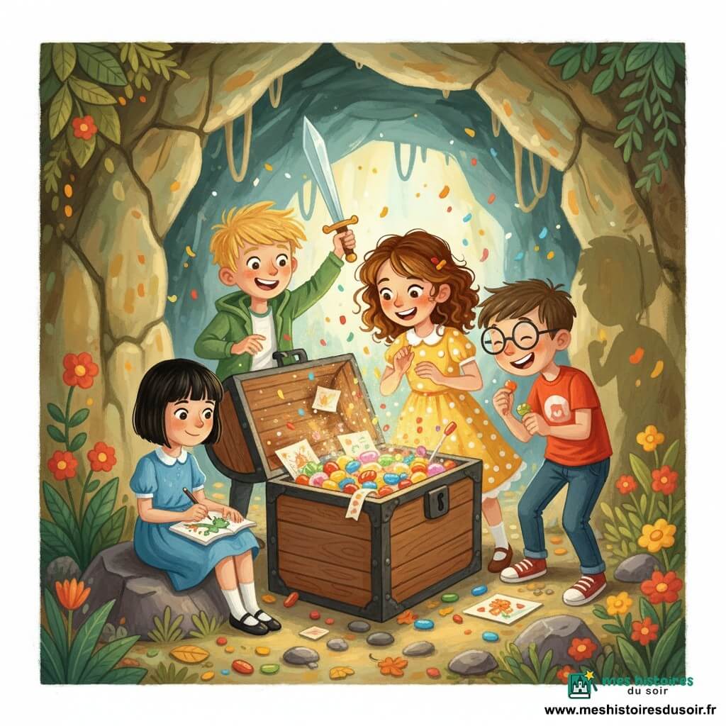 Émilie, 12 ans, cheveux châtains bouclés, robe jaune à pois blancs, sourit émerveillée en ouvrant un coffre en bois qui éclaire son visage; Lucas, 12 ans, lunettes rondes et t-shirt rouge, rit en tenant un bonbon à droite du coffre; Sara, 11–12 ans, carré noir et robe bleue, dessine un petit dragon assise sur une roche à gauche; Max, 12 ans, cheveux blonds en bataille et veste verte, brandit une épée en plastique derrière le coffre; scène dans une grotte accueillante aux murs ocres et verts, fissures lumineuses, plantes et fleurs à l'entrée, sol de feuilles et pierres polies; trésor d'amitié (bonbons, dessins, petits mots) au centre, rires, confettis imaginaires et ombres dansantes; style gouache, couleurs vives, textures visibles, atmosphère chaleureuse et ludique, composition centrée sur le coffre et les visages expressifs.