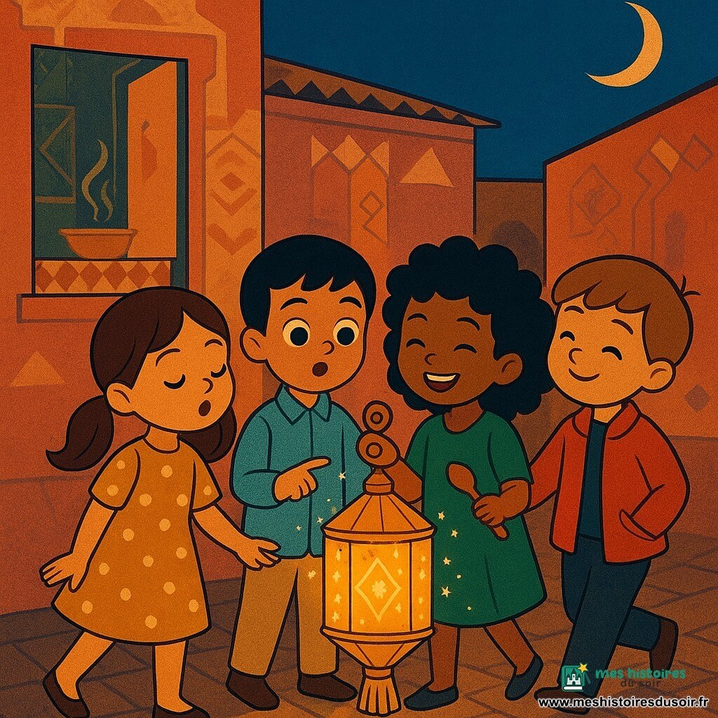 Quatre enfants se tiennent la main autour d'une lanterne en papier ambrée : Lina (fille, 7 ans, deux couettes brunes, robe jaune moutarde à pois) à gauche qui chante en regardant la lanterne ; Adam (garçon, 7 ans, cheveux courts noirs, chemise bleu ciel, pantalon beige) à côté d'elle, yeux écarquillés, pointant la lanterne ; Nour (fille, 6 ans, cheveux bouclés noirs, robe verte émeraude) à droite qui rit en tenant une petite cuillère en bois ; Sami (garçon, 7 ans, cheveux châtain clair, veste rouge, pantalon foncé) derrière les autres, faisant le petit chat en équilibre. Lieu : petite cour pavée au crépuscule, murs ocres et roses à motifs géométriques art déco, fenêtre ouverte sur une table à nappe à carreaux d'où s'échappe une vapeur de soupe, ciel indigo avec un mince croissant de lune argenté ; la lanterne posée projette des ombres en forme d'étoiles, franges et pompons. Scène : la lanterne semble chuchoter et projette des paillettes lumineuses comme des étoiles, ambiance douce et chaleureuse d'une nuit de Ramadan, style graphique à formes simples, couleurs plates et contours nets art déco.