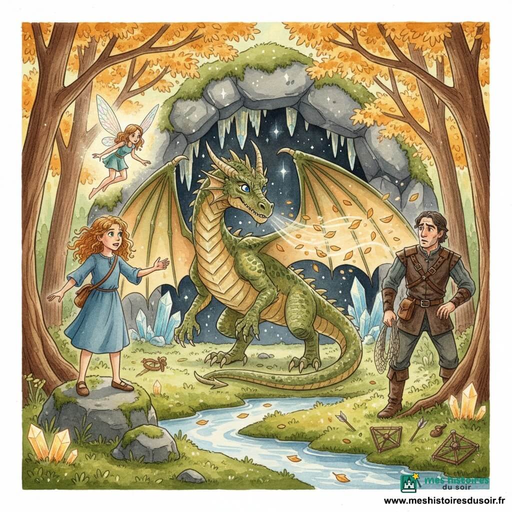 Drakos, grand dragon aux écailles vertes et dorées, yeux saphir, ailes déployées et souffle visible soulevant des feuilles, se tient prêt devant l'entrée d'une grande grotte ornée de cristaux scintillants; à sa gauche Lila, fille de 10 ans aux cheveux bouclés couleur miel et yeux verts, debout sur une pierre, visage courageux, mains tendues, petit sac à dos et robe simple; Nymia, petite fée aux ailes translucides et brillante, flotte juste au‑dessus et derrière Lila, entourée d'une douce lueur, inquiétude sur le visage; à droite, en retrait, le chasseur grand, aux habits sombres et regard obstiné, filet à la main, flèches et pièges tombés à ses pieds, surpris et intimidé; lieu : clairière de forêt enchantée avec arbres aux feuilles dorées, ruisseau scintillant, sol mousseux et cristaux lumineux autour d'une grotte sombre aux stalactites étincelantes; situation : confrontation dramatique mais pleine d'espoir — le dragon et la fillette unis défendent la grotte contre le chasseur, scène dynamique aux couleurs chaudes mêlées de verts et dorés, texture aquarelle douce, traits délicats, atmosphère magique et courageuse.