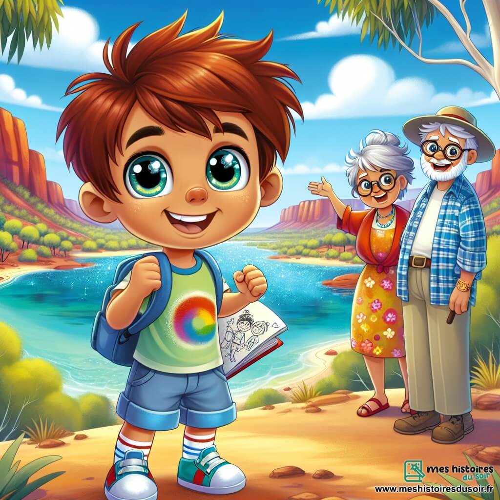 Un garçon de 8 ans, Lucas, avec de grands yeux pétillants et des cheveux châtains en bataille, se tient debout sur une colline, le sourire aux lèvres et les bras levés en signe de victoire. Il porte un t-shirt coloré et un short, tenant son carnet de dessin dans une main tout en admirant le paysage. À ses côtés, sa Mamie Colette, une femme d'environ 65 ans avec des cheveux gris en chignon et une robe colorée, l'observe avec fierté. Papi Jean, un homme de 70 ans avec une casquette et une chemise à carreaux, sourit en tenant une bouteille d'eau. Le lieu est un oasis dans l'Outback australien, avec des eucalyptus, des rochers rouges et un ciel bleu parsemé de nuages. Lucas, tout excité, a retrouvé son carnet de dessin après une petite aventure et est prêt à dessiner la beauté qui l'entoure.