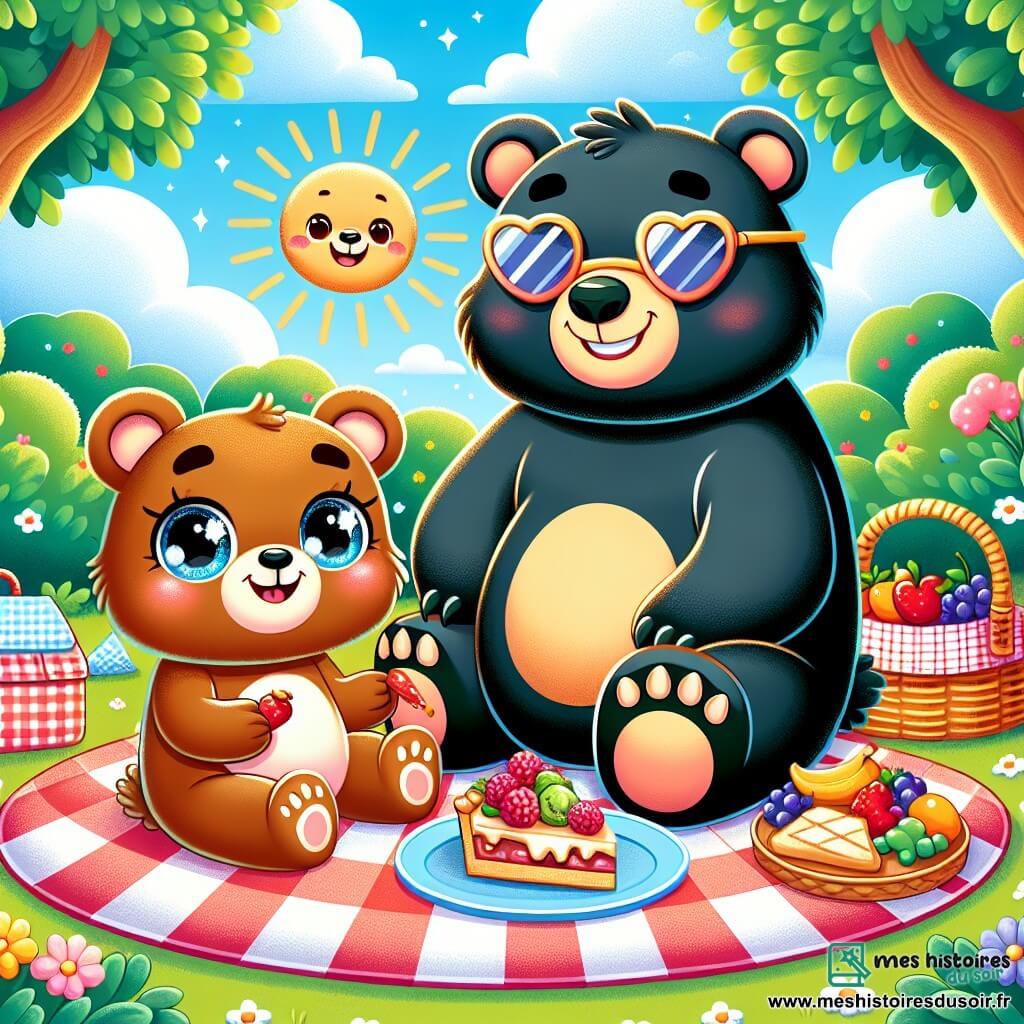 Petit Ourson, un petit ours brun aux yeux pétillants et au sourire joyeux, est assis sur une nappe à carreaux rouges et blancs, dégustant une part de tarte aux fruits avec une expression de bonheur. À côté de lui, Papa Ours, un grand ours noir avec une fourrure douce et des lunettes de soleil, sourit en tenant un panier de pique-nique rempli de délices. Ils sont dans un parc verdoyant, entourés d'arbres, de fleurs colorées et d'un ciel bleu parsemé de nuages blancs. Ils partagent un moment de joie pendant leur pique-nique d'été, sous le soleil radieux.