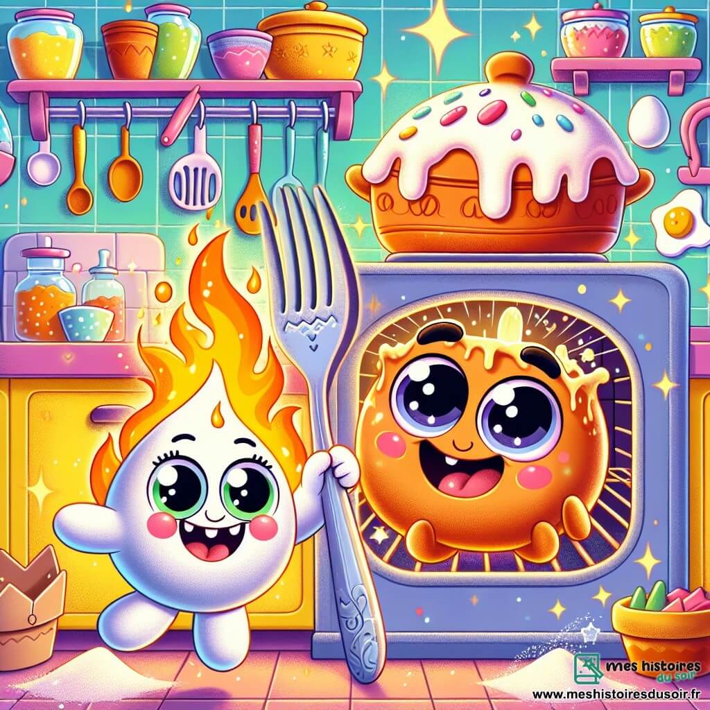 Une petite fourche magique nommée Flamme, avec des dents brillantes et un sourire espiègle, saute de joie dans une cuisine colorée pleine de farine. À côté d'elle, un vieux pot en terre cuite nommé Pito, avec des yeux ronds et un grand sourire, se dandine en riant, une coquille d'œuf sur la tête. La cuisine est vive, avec des murs jaunes pastel, un grand four magique scintillant et des étagères chargées d'ingrédients. Flamme et Pito préparent un gâteau magique, tandis qu'un énorme gâteau apparaît dans le four, dégageant une délicieuse odeur sucrée.