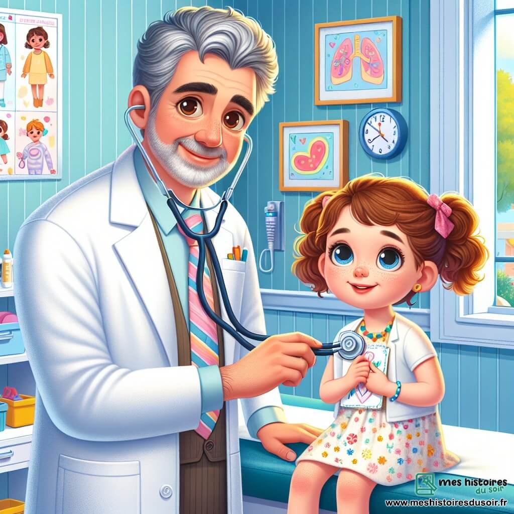 Le Dr Antoine Durand, un homme d’une cinquantaine d’années aux cheveux grisonnants et aux yeux malicieux, se trouve dans son cabinet médical. Habillé d'une blouse blanche et d'un stéthoscope, il sourit chaleureusement en examinant une petite fille nommée Zoé. Cette fillette de huit ans, aux cheveux bruns et bouclés, est assise sur la table d'examen, impatiente de montrer son dessin fait à la main. Le cabinet, lumineux et accueillant, est décoré de murs bleu pastel, de posters éducatifs et de jouets colorés. Le Dr Antoine écoute le cœur de Zoé, qui lui présente fièrement son dessin, illustrant leur lien spécial dans ce moment de soin et de réconfort.
