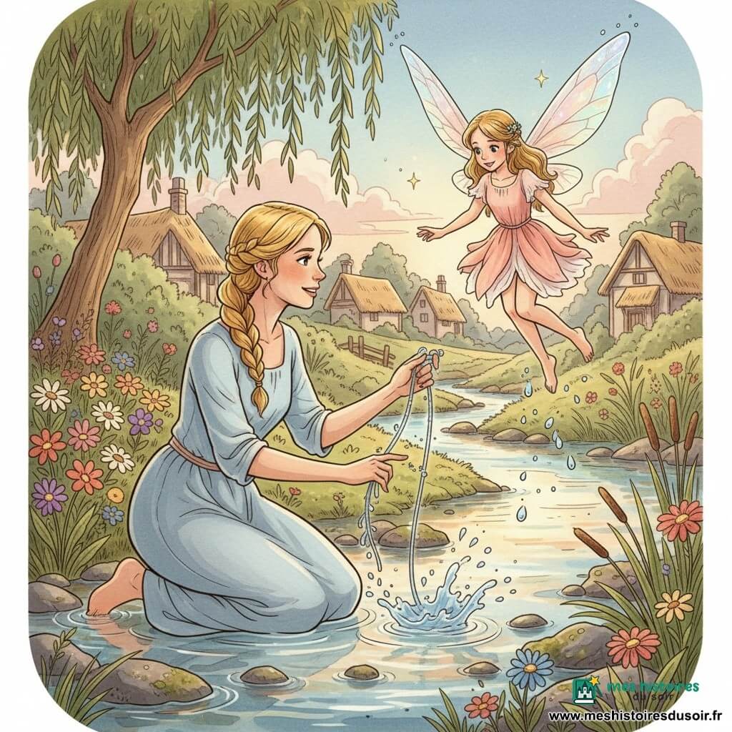 Éloïse, femme émue et bienveillante aux cheveux blonds dorés tressés et robe de lin bleu pâle, est agenouillée sur la berge d'une rivière peu profonde aux pierres moussues, décrochant doucement des lianes translucides qui emprisonnent une petite fée, Luminia ; Luminia, légère en robe diaphane rose-pêche aux ailes irisées, flotte juste au‑dessus de l'eau, visage reconnaissant et yeux lumineux; les lianes scintillent, des gouttes d'eau jaillissent comme des perles lumineuses et de petites étincelles magiques s'échappent; les rives sont couvertes de fleurs sauvages et de roseaux, un saule pleureur penche et quelques chaumières se devinent sous un ciel crépusculaire pastel; ambiance douce et enchantée, composition centrée, palette chaude, contrastes doux, traits à l'encre colorée, contours délicats et textures aquarelle.