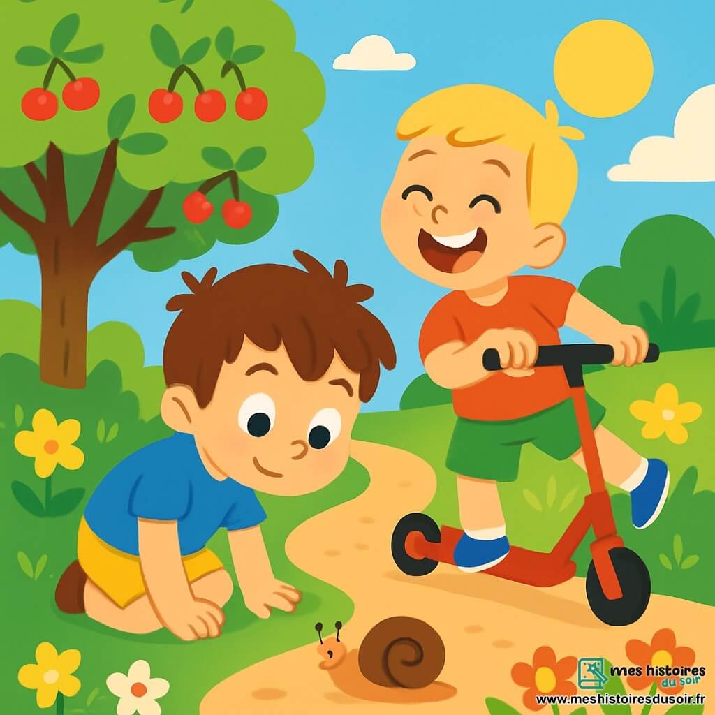 Il y a deux personnages principaux : Paul, un garçon de 4 ans aux cheveux bruns en bataille et aux yeux pétillants, portant un t-shirt bleu et un short jaune, accroupi en observant un escargot sur le chemin, et Louis, un garçon de presque 5 ans avec des cheveux blonds et un grand sourire, vêtu d'un t-shirt rouge et d'un short vert, riant à côté de Paul en faisant semblant de tomber avec sa trottinette rouge. L'action se déroule dans un jardin ensoleillé rempli de fleurs colorées et d'arbres verts, avec un cerisier chargé de cerises rouges au fond et un chemin de gravier serpentant à travers le jardin. Paul et Louis font une pause dans leur course de trottinettes, fascinés par un escargot avançant lentement sur le chemin, riant ensemble.