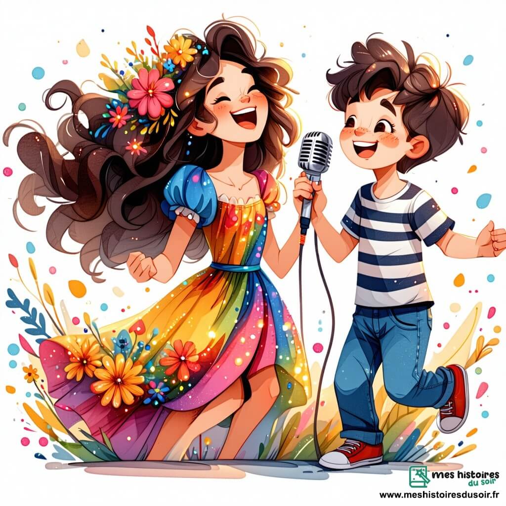 Clara, une jeune femme aux cheveux longs et bouclés, chante avec passion au micro, rayonnante dans sa robe colorée ornée de fleurs. À ses côtés, Lucas, un garçon d'environ 8 ans avec des cheveux en bataille et un t-shirt à rayures, danse joyeusement en tenant un bouquet de fleurs en papier qu'il a fabriqué pour elle. La scène se déroule en plein air, entourée d'un jardin luxuriant sous un ciel bleu. Des enfants et des parents applaudissent, créant une atmosphère festive. Clara et Lucas chantent ensemble une chanson joyeuse sur les fleurs dansantes, captivant le public avec leur énergie et leur complicité.