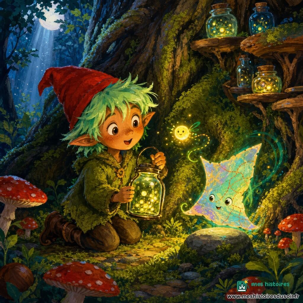 Pimprenelle, petit lutin joyeux aux cheveux vert menthe, bonnet rouge pointu et bottes brunes, tient une lanterne remplie de lucioles tandis qu'une carte vivante irisée flotte près de lui; agenouillé dans une clairière au pied d'un chêne géant — racines torsadées, mousse, champignons rouges et bocaux de rosée — il examine la carte qui indique trois chemins, l'air émerveillé et malicieux, ambiance chaleureuse aux couleurs saturées.