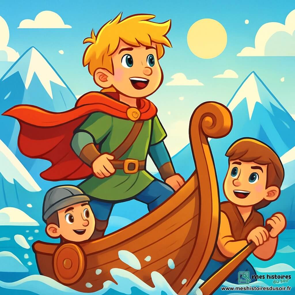 Un jeune viking nommé Eirik, âgé d'environ 16 ans, se tient sur un drakkar en bois, les cheveux blonds ébouriffés par le vent. Son visage exprime une détermination lumineuse et il porte une cape rouge qui flotte derrière lui. À ses côtés, son ami Bjorn, 15 ans, aux cheveux bruns, tient une rame et affiche un sourire encourageant. Le drakkar navigue sur une mer gelée, entourée de montagnes enneigées, sous un ciel bleu éclatant. Eirik et Bjorn voguent vers une île mystérieuse pour rencontrer le Géant de Glace et sauver leur village du froid éternel, tandis que les vagues s'écrasent contre la coque du drakkar.
