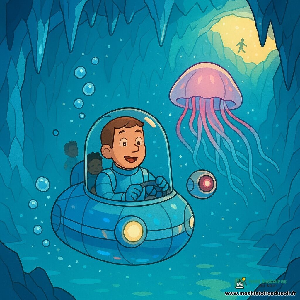Léo, visage rond et souriant, cheveux châtains courts, porte une combinaison bleu clair et tient le volant d’un petit vaisseau sous-marin qui émerge lentement d’une grotte océanique aux parois de cristal azur ; à quelques centimètres flotte Pixie, un robot sphérique brillant à œil rose, et derrière eux une grande méduse lumineuse aux tentacules roses et bleues éclaire la scène d’un scintillement tandis que des bulles argentées montent, des reflets multicolores colorent la carlingue et une lumière dorée filtre vers la surface, l’atmosphère est magique mais tendue car la grotte commence à se refermer.