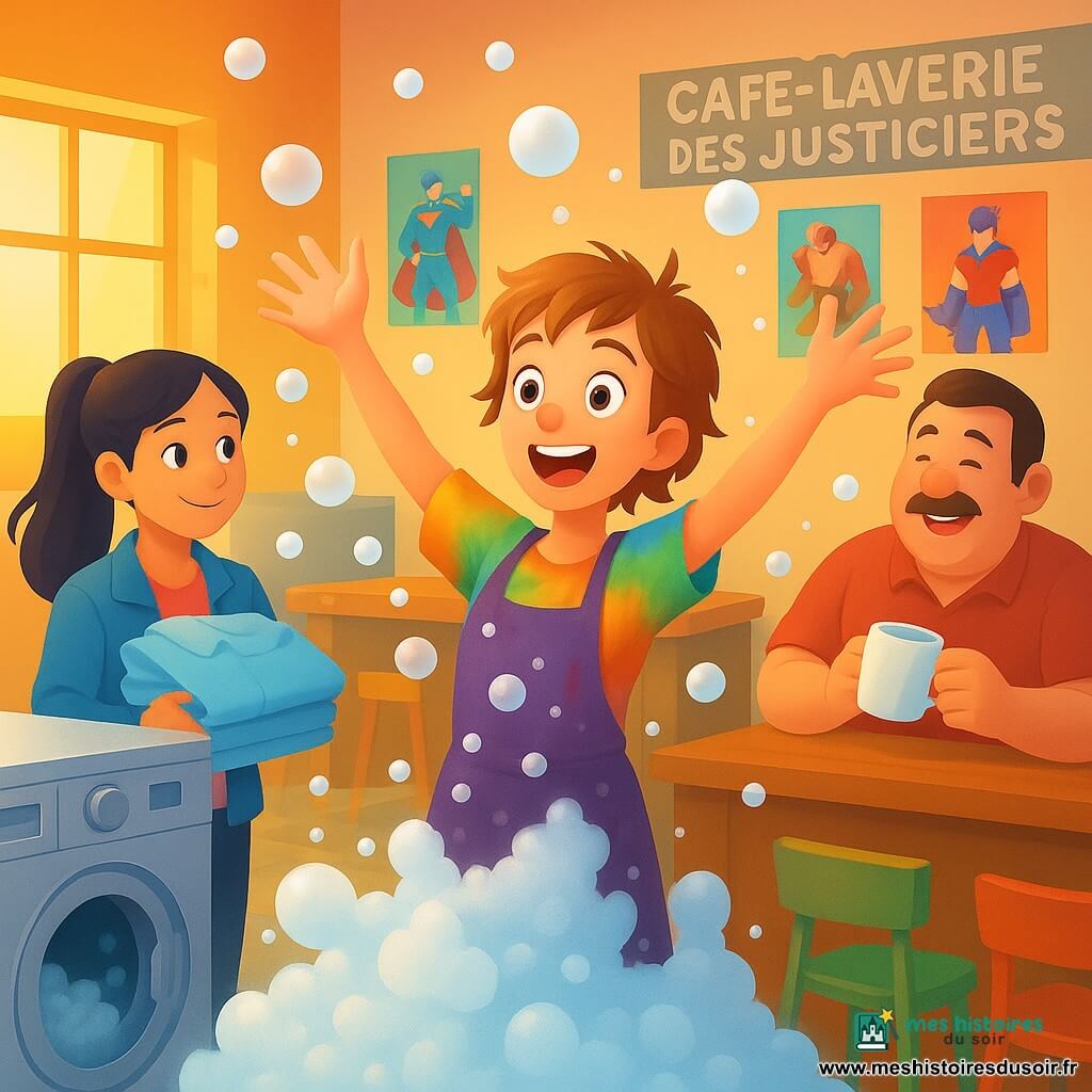 Méline, héroïne d’environ 18 ans au centre, visage surpris et joyeux, cheveux courts châtain clair en bataille, t-shirt coloré et tablier taché de mousse, bras levés comme pour concentrer un pouvoir invisible; à gauche Lila, ~12 ans, queue de cheval noire, veste légère, tient un costume propre près d’un sèche-linge ouvert en souriant; à droite Max, gérant d’environ 40 ans, corpulent et moustachu, essuie une tasse derrière un comptoir en bois en regardant Méline avec bienveillance; arrière-plan : Café-Laverie des Justiciers avec grandes machines à laver argentées, sèche-linge vibrant, tables et chaises colorées, grande fenêtre à lumière chaude et affiches de super-héros; scène burlesque pour enfants : mousse blanche et bulles de savon partout, clients rient doucement, ambiance lumineuse et couleurs vives.
