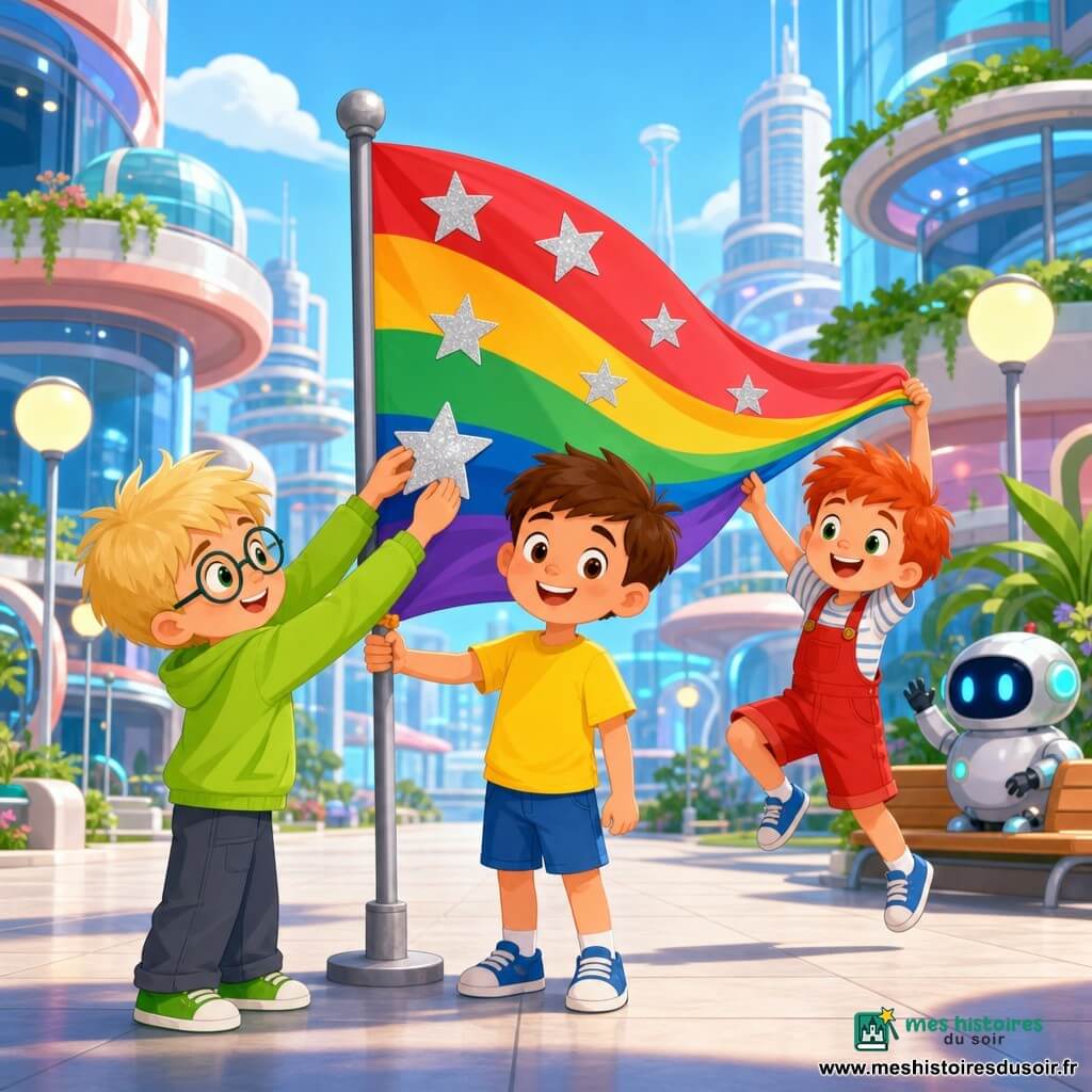 Trois garçons dans une rue d’une cité futuriste en journée : Léo (≈7 ans, cheveux bruns courts, t-shirt jaune, short bleu) tient le mât du drapeau et sourit au centre ; Max (≈7 ans, cheveux blonds en bataille, lunettes rondes, sweat vert pomme) colle une grande étoile argentée, à gauche de Léo ; Tom (≈6 ans, cheveux roux, salopette rouge) saute en agitant le coin gauche du drapeau, à droite et un peu en arrière. Le drapeau multicolore, posé sur un mât bas, flotte doucement au vent et est décoré d’étoiles brillantes. Lieu : rue large aux sols lisses, bâtiments arrondis en verre et métal aux teintes pastel avec petits jardins suspendus, lampadaires ronds et un robot amical à yeux LED bleus en arrière-plan. Atmosphère chaleureuse, ludique, couleurs saturées, traits simples et formes douces.