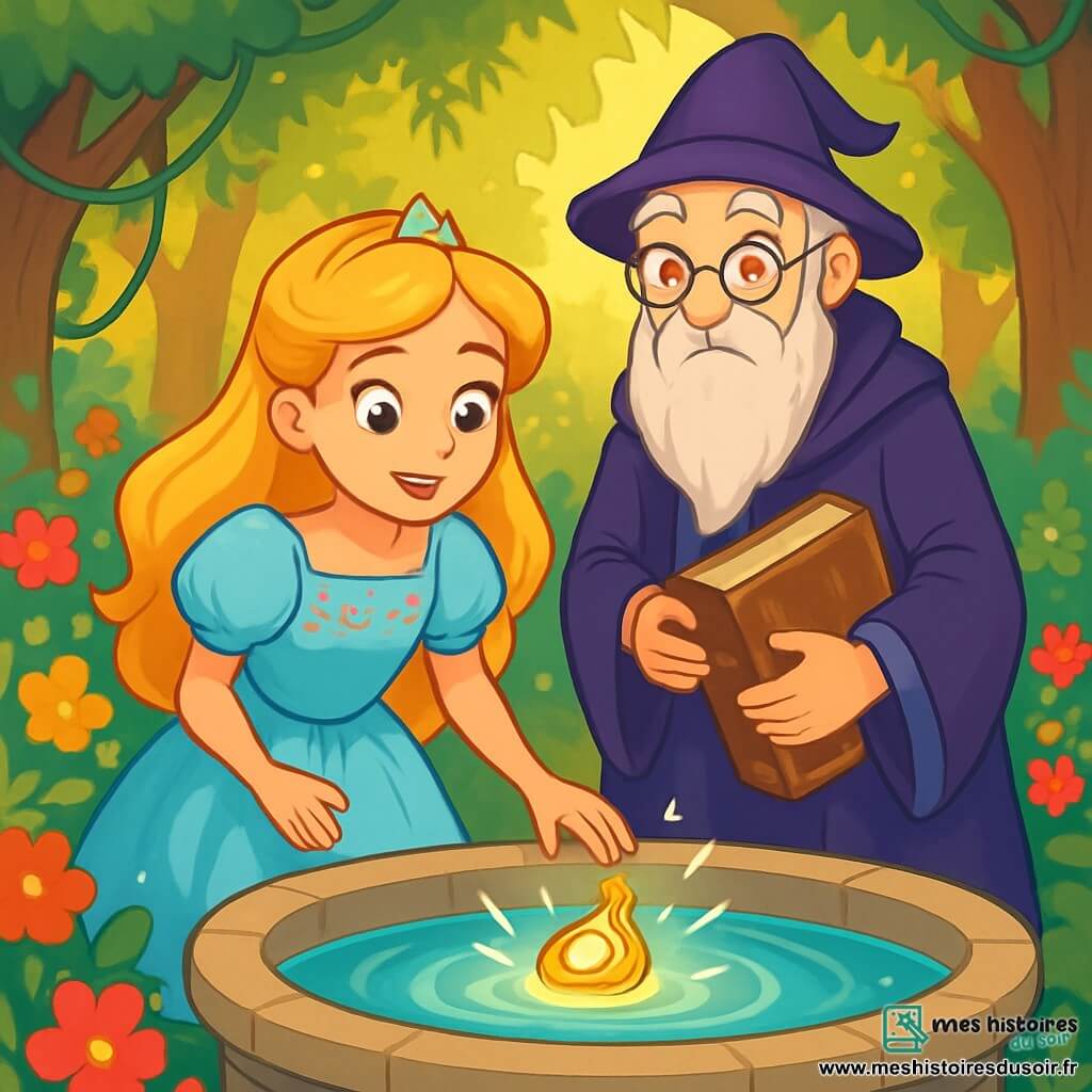 La princesse Lyra, jeune fille aux longs cheveux dorés et aux yeux curieux, se tient au bord d'une fontaine dans un jardin secret. Elle porte une robe en satin bleu clair ornée de fleurs, son visage exprimant émerveillement et détermination. À ses côtés, le vieux sage Maître Alaric, avec sa longue barbe argentée et ses lunettes rondes, l'observe avec un sourire bienveillant, vêtu d'une robe de mage en velours violet et tenant un livre ancien. Le jardin est enchanteur, rempli de fleurs éclatantes, de lianes et d'arbres majestueux, baigné de lumière dorée. Lyra découvre une amulette en or dans la fontaine, prête à embrasser son destin et à sauver son royaume.