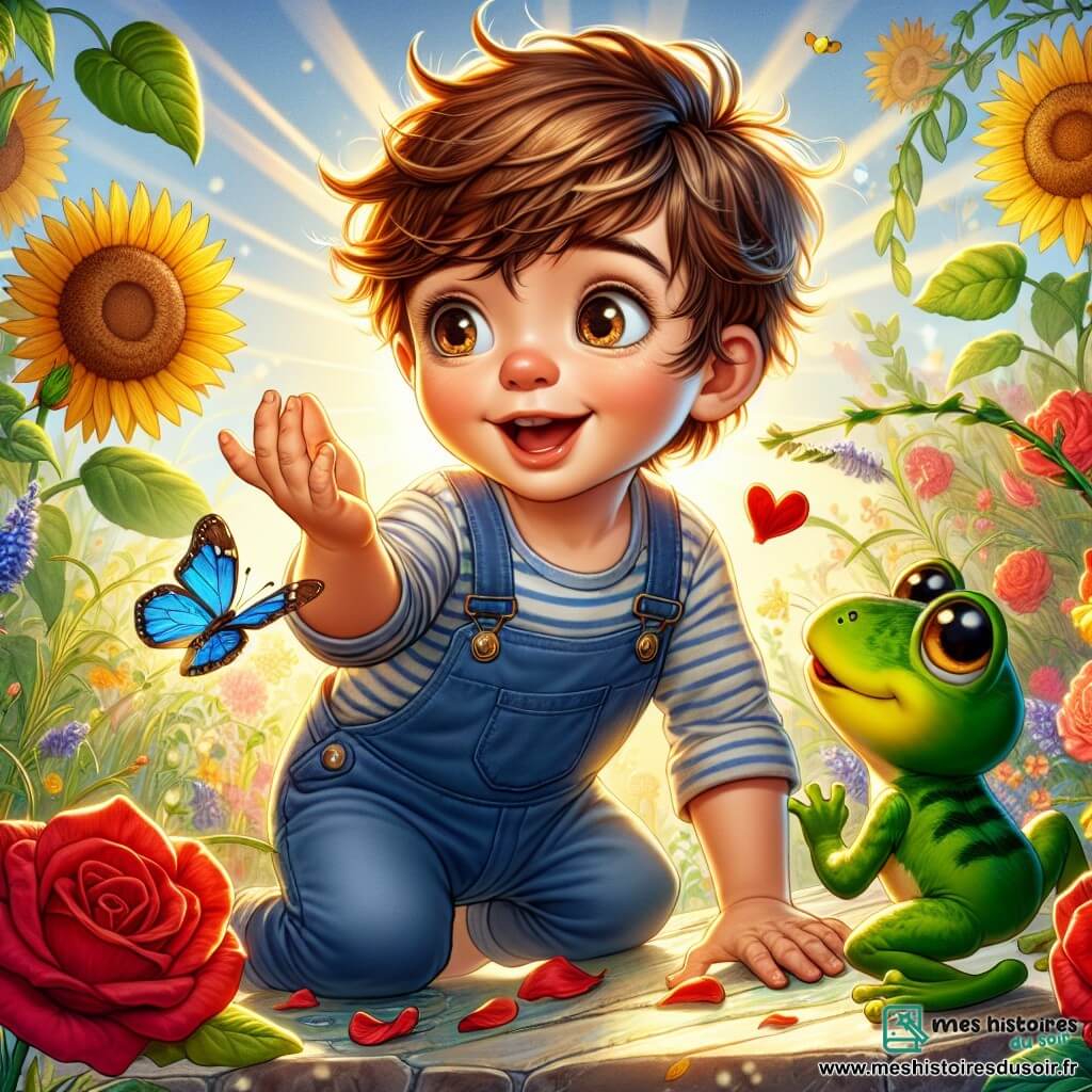 Un petit garçon de 1 an, Petit Loup, avec des cheveux bruns en bataille et un grand sourire, explore un jardin magique. Il porte une salopette bleue et un t-shirt rayé, ses yeux pétillants de curiosité. Il tend la main vers un papillon jaune et bleu qui vole autour de lui, émerveillé. À côté, une petite grenouille verte nommée Gracieuse saute joyeusement sur une pierre, semblant l'encourager à explorer. Le jardin est rempli de fleurs colorées, avec des roses rouges et des tournesols géants, créant une atmosphère enchantée. Petit Loup et Gracieuse découvrent la beauté du jardin magique, illuminé par des éclats de lumière et des couleurs vives.