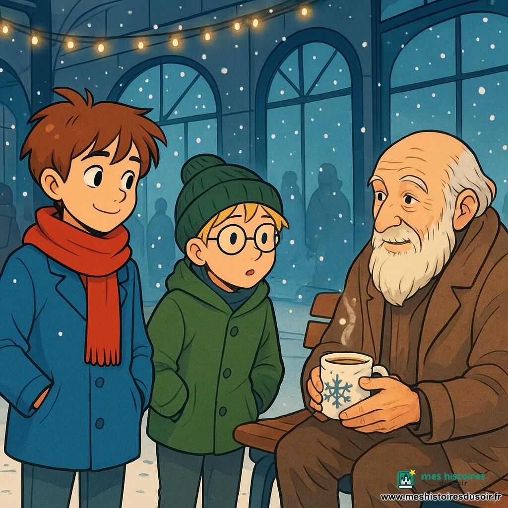 Il y a trois personnages : Tom, un garçon de 12 ans aux cheveux châtains en bataille, portant un manteau bleu vif et une écharpe rouge, se tient debout avec un sourire curieux ; Jules, également âgé de 12 ans, avec des cheveux blonds et des lunettes rondes, est vêtu d'un manteau vert et d'un bonnet en laine, penché pour observer la neige qui tombe ; un vieil homme, barbu et ridé, porte un manteau usé et une écharpe fine, assis sur un banc avec une tasse de porcelaine décorée de flocons de neige, affichant un regard chaleureux. La scène se déroule dans un hall de gare lumineux, avec un sol enneigé et des voyageurs emmitouflés. Tom et Jules sont émerveillés par la neige, tandis que le vieil homme leur raconte des histoires autour d'une tasse de bouillon, créant une ambiance magique et chaleureuse.