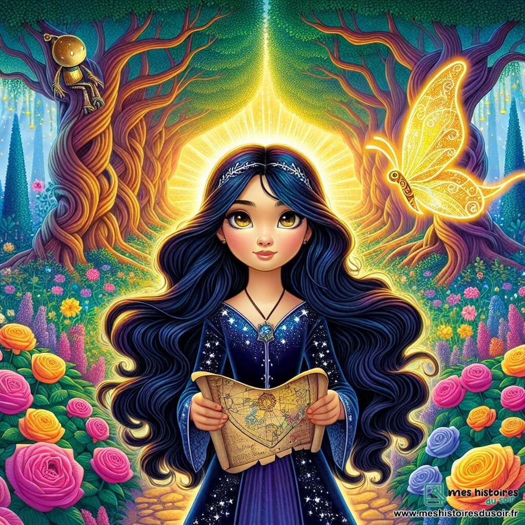 La princesse Sélène, une jeune fille aux longs cheveux noirs scintillants, se tient au milieu d'un chemin bordé de fleurs éclatantes. Son visage exprime une détermination lumineuse, avec des yeux curieux. Elle porte une robe en velours bleu nuit ornée de motifs d'étoiles argentées et tient une carte ancienne. À ses côtés, un petit papillon doré nommé Lumin vole autour d'elle. En arrière-plan, le chemin des Roses Chantantes s'étend, avec des roses aux couleurs vives et des arbres majestueux formant une voûte naturelle. Sélène est prête à choisir son chemin pour retrouver le Cœur de Cristal, affichant courage et espoir.