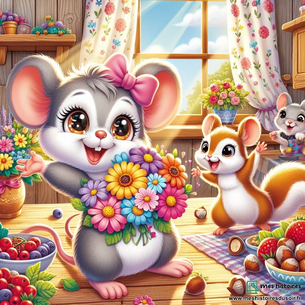 Une petite souris nommée Mimi, avec un pelage gris doux et des yeux pétillants, tient un bouquet de fleurs colorées dans ses petites pattes. Elle sourit sur une table en bois, entourée de baies et de noisettes. À côté d'elle, Sacha, un petit écureuil aux poils roux, saute de joie, tandis que Léo, un lapin aux grandes oreilles blanches, rit en retrait. La scène se déroule dans une cuisine en bois, avec des rayons de soleil filtrant à travers une fenêtre ornée de rideaux à fleurs. Mimi prépare une surprise pour sa maman, un petit déjeuner délicieux et un bouquet de fleurs éclatantes, pour célébrer la fête des mères avec amour et joie.
