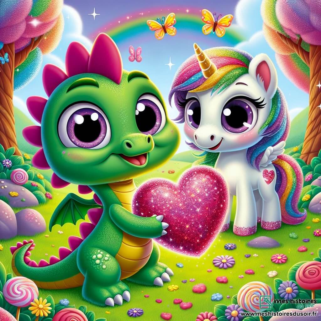 Dodo, un petit dragon aux écailles vertes et aux yeux joyeux, se tient dans une clairière, tenant un cœur en paillettes dans ses griffes. Il sourit avec excitation et amour. À ses côtés, Lila, une licorne aux crins arc-en-ciel et à la corne dorée, admire le cœur. La scène se déroule dans une clairière enchantée, entourée de fleurs multicolores et de papillons, avec des arbres en bonbon et des nuages en barbe à papa. Dodo présente fièrement son cadeau spécial pour la Saint-Valentin, tandis que des éclats de lumière scintillent autour d'eux, symbolisant leur amitié.