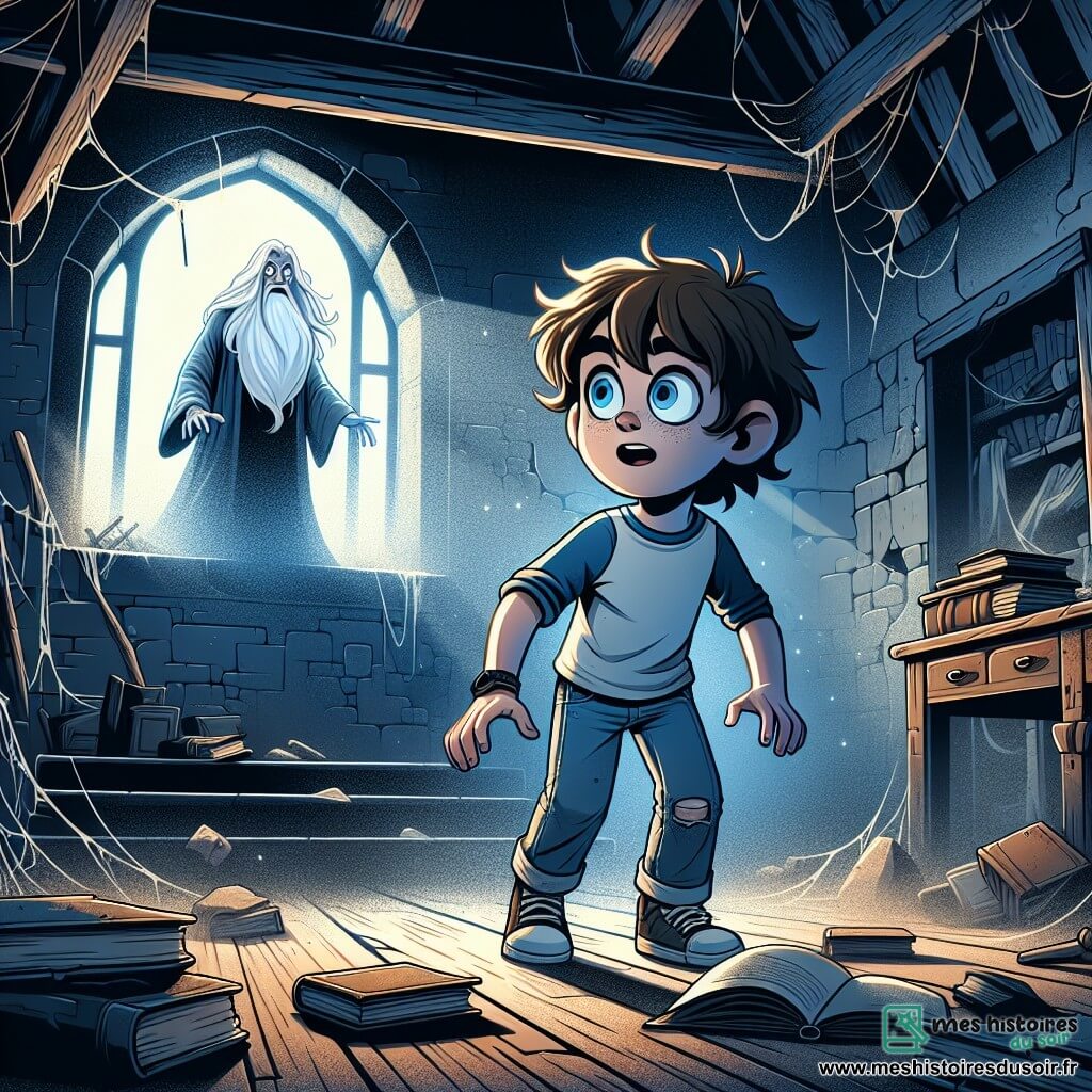 Lucas, un garçon de 12 ans aux cheveux châtains en désordre et aux yeux curieux, se trouve dans une vieille maison abandonnée. Vêtu d'un t-shirt bleu et d'un jean usé, son visage exprime excitation et peur alors qu'il explore l'intérieur sombre. À l'arrière-plan, une silhouette d'un vieux sage avec une barbe blanche flotte près d'un cercle de pierres, observant Lucas. Les murs sont couverts de toiles d'araignées et des livres anciens sont éparpillés, créant une ambiance mystérieuse. La grande salle a des fenêtres brisées laissant passer une lumière tamisée, illuminant la poussière. Lucas, hésitant mais déterminé, s'approche d'un vieux journal sur un bureau, tandis qu'une lueur mystérieuse émane du cercle de pierres, suggérant qu'il est sur le point de découvrir un ancien secret.