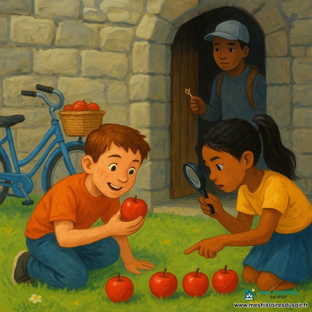 Maxime, 10 ans, souriant et curieux, s'accroupit près d'un vélo bleu appuyé contre un vieux rempart en pierre en tenant une pomme rouge; Zoé, 10 ans, vive, avec une queue de cheval et une loupe, pointe une rangée de pommes sur l'herbe; Louis, environ 12 ans et timide, se tient à l'ombre près d'une porte en bois entrouverte en tenant une petite clé dorée; lieu ancien avec banc de pierre, herbe fleurie et lumière douce du matin; ils découvrent un vélo dont le panier rempli de pommes sert d'indice, atmosphère d'aventure amicale aux couleurs vives et à la texture gouache.