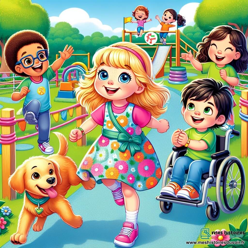 Clémence, une petite fille de 6 ans aux cheveux blonds et aux yeux bleus, sourit en courant joyeusement sur un parcours d'obstacles, entourée d'enfants. Léo, un garçon de 7 ans en fauteuil roulant, rit et l'encourage. Sarah, 8 ans, avec un labrador doré nommé Lucky, tient la laisse de son chien. Max, 9 ans, utilise la langue des signes pour montrer aux autres comment franchir un obstacle. Le centre d'activités en plein air est coloré et entouré d'arbres et de fleurs. Les enfants s'entraident, illustrant la joie de l'amitié et de la solidarité.