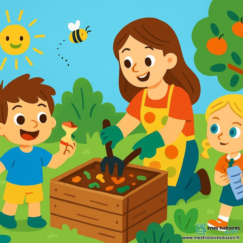 Lucas, un petit garçon de 4 ans avec des cheveux bruns en bataille et des yeux pétillants, porte un t-shirt bleu et un short jaune. Il sourit en tenant une pelle et une épluchure de pomme, prêt à aider au jardin. Sa maman, une femme d'une trentaine d'années avec des cheveux longs et châtains, sourit en lui montrant comment mélanger le compost. Emma, une petite fille de 5 ans avec des cheveux blonds en nattes, les rejoint avec une bouteille en plastique trouvée. Le jardin est vibrant, rempli de fleurs colorées, de légumes verts et d'arbres fruitiers. Sous un ciel bleu clair, Lucas, sa maman et Emma travaillent ensemble à nettoyer le jardin, ramassant des déchets et créant du compost, tout en s'amusant et en montrant l'importance de prendre soin de la nature.