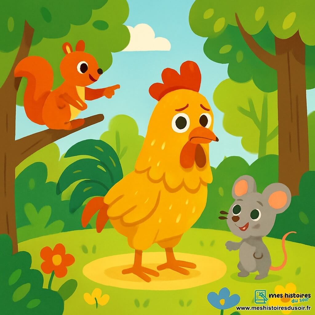 Un coq aux plumes dorées, au regard triste et déterminé, se tient au centre de la clairière à la recherche de son collier perdu. À sa droite, une petite souris grise aux yeux pétillants l'encourage avec un sourire, tandis qu'à gauche, un écureuil roux, perché sur une branche, indique la direction du collier. La clairière est baignée de lumière dorée, entourée d'arbres verts et de fleurs colorées. Ensemble, le coq et ses amis vivent une aventure joyeuse pour retrouver le collier, créant une atmosphère d'amitié.