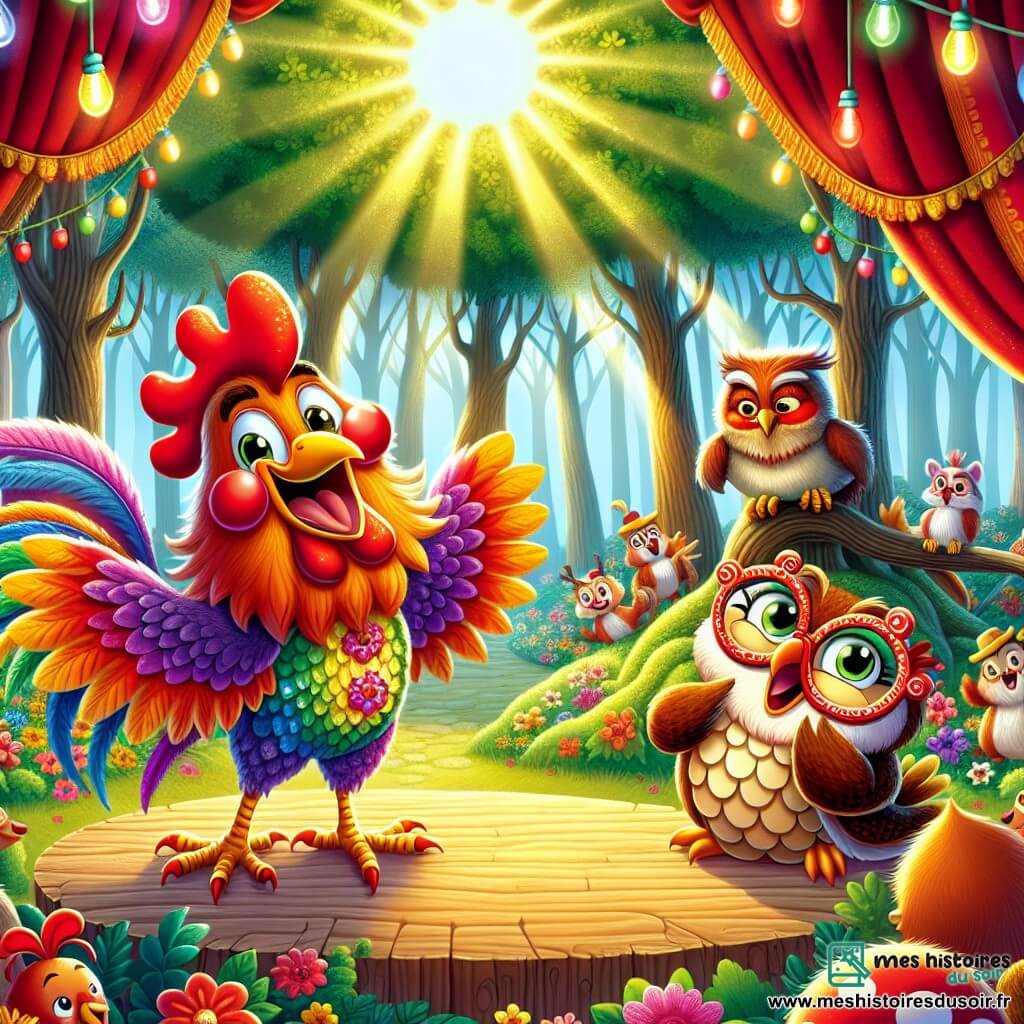 Cocorico le coq, avec sa crête rouge et ses plumes multicolores, est sur scène, souriant et réalisant une grimace pour le concours. À côté de lui, Dame Tartine la tortue applaudit avec fierté. En arrière-plan, le sage Hibou, perché sur une branche, observe amusé. La scène se déroule dans une clairière ensoleillée de la forêt enchantée, entourée d'arbres et de fleurs, où des animaux se rassemblent pour rire et applaudir. Cocorico tire la langue et gonfle ses joues, tandis que les rires des spectateurs créent une atmosphère festive.