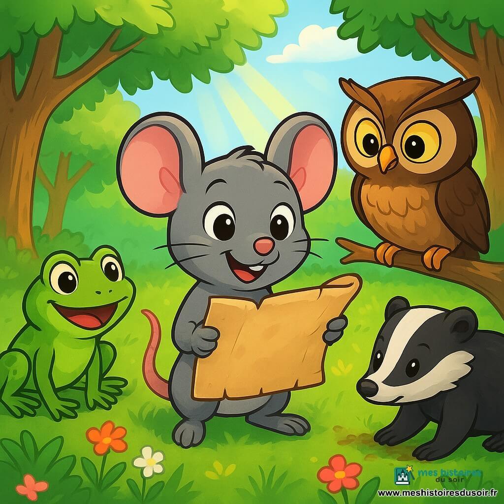 Lila la souris, avec son pelage gris et ses grandes oreilles, se tient au centre de l'image, les yeux brillants d'excitation et un sourire radieux. Elle tient un vieux parchemin dans ses pattes, regardant autour d'elle avec émerveillement. À sa droite, Oscar le hibou, perché sur une branche, observe le parchemin avec une expression sage. À gauche, Zoé la grenouille, prête à bondir, affiche une expression joyeuse et impatiente. Félix le blaireau, curieux, gratte le sol avec ses pattes. La scène se déroule dans une clairière ensoleillée, entourée d'arbres et de fleurs colorées. Lila et ses amis se préparent pour une chasse au trésor en examinant le parchemin mystérieux.