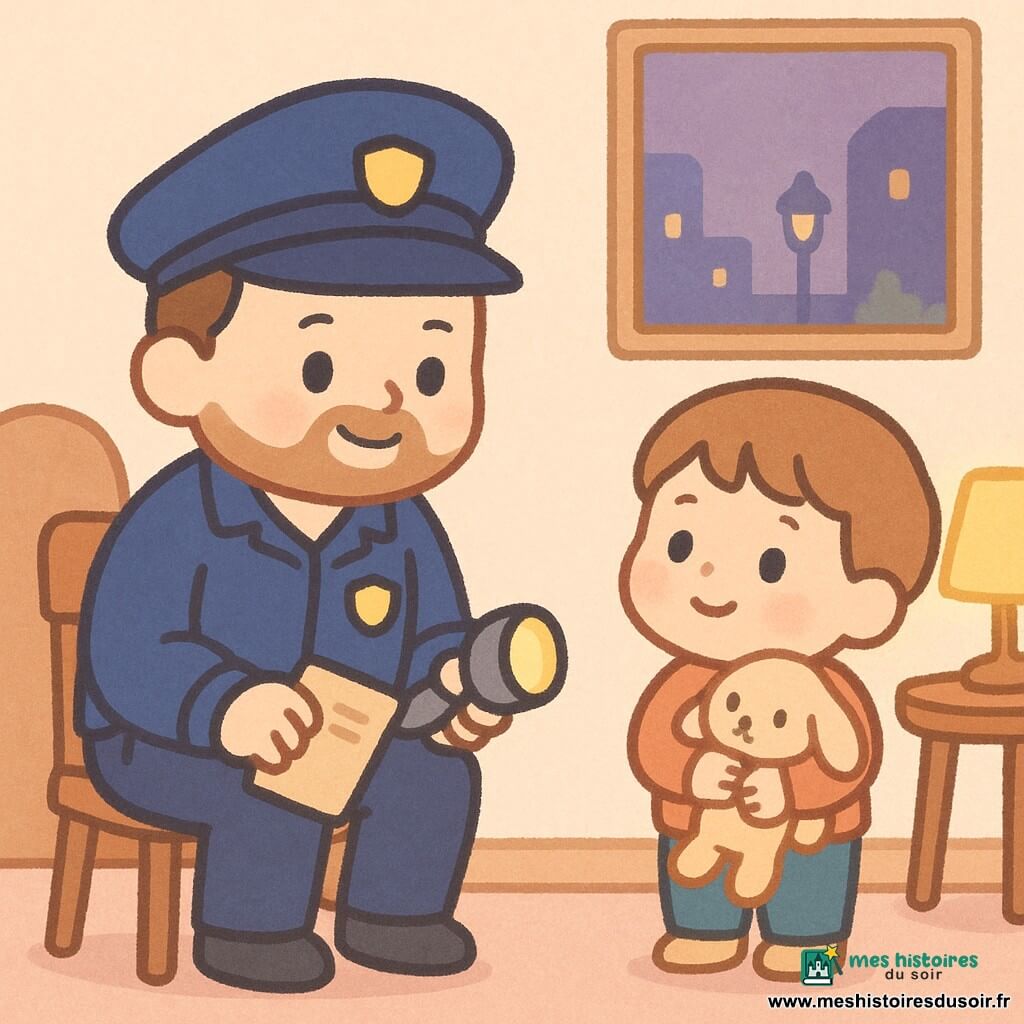 Un policier calme et bienveillant, accroupi et souriant, visage rond et barbe légère, veste bleu marine sur une chaise, badge brillant, carnet et lampe à la main, explique doucement à Léo, un garçon de 5 ans petit et rondelet aux cheveux châtain clair qui serre son doudou beige et le regarde avec admiration près d’une petite porte ; salon chaleureux et simple avec chaise en bois, lampe à abat-jour jaune diffusant un halo doux, vue sur trottoir et lampadaires de la ville, soirée aux lumières orangées et mauves, ambiance sécurisante et complice, style kawaii minimal aux couleurs douces, contrastes nets et traits ronds.