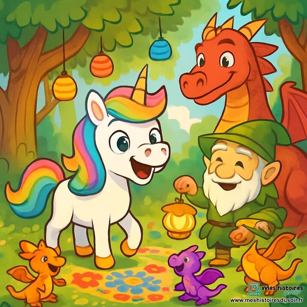 Dans une clairière ensoleillée, une petite licorne nommée Luna, avec une crinière arc-en-ciel et des sabots dorés, se tient au centre, rayonnante de joie. Elle sourit, invitant les autres créatures à se rassembler. À ses côtés, un vieux lutin à la barbe argentée admire Luna, tenant une lanterne en forme de fleur. En arrière-plan, un dragon aux écailles rouges observe la scène avec curiosité, entouré de dragonnets colorés. La clairière magique est ornée de lanternes flottantes et de tapisseries de fleurs, créant une ambiance festive. Luna et les créatures célèbrent un festival de l'amitié, partageant talents et histoires dans une belle harmonie.