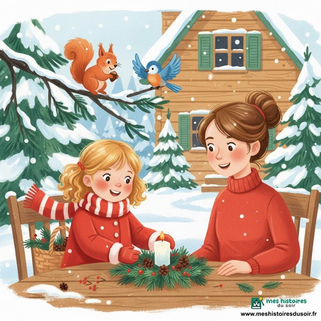 Une fillette de six ans, émerveillée, aux boucles dorées et aux joues rosées, porte un manteau rouge et une grosse écharpe rayée; elle tient un panier en osier rempli de branches de sapin, pommes de pin et baies rouges et confectionne un centre de table sur une table en bois, déposant une bougie blanche au centre. Sa mère, souriante et tendre, cheveux bruns attachés, se tient à droite et pose une main sur le dossier d'une chaise en signe d'admiration. Un petit écureuil roux, perché sur une branche basse, tient une noisette, et un oiseau bleu se tient sur une branche au‑dessus. Lieu : jardin enneigé devant une maison en bois aux volets verts, sapins givrés en arrière-plan, ciel hivernal pâle et quelques flocons; ambiance chaleureuse malgré le froid, couleurs vives et textures visibles.