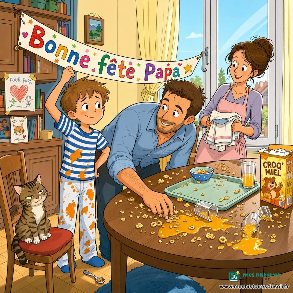 Un garçon de 6 ans, un peu penaud, cheveux châtain clair courts, t-shirt rayé bleu et blanc et pyjama taché d'orange, tient une banderole "Bonne fête Papa" et regarde le plateau de petit-déjeuner renversé; le père (35–40 ans), sourire tendre et barbe légère, s'accroupit pour ramasser les céréales à côté du garçon; la mère (30–35 ans), chignon et tablier pastel, tient des serviettes en souriant derrière la table; le chat tigré Zouzou est assis sur une chaise avec une petite cuillère près de ses pattes; intérieur salon matin lumineux, parquet clair, grande fenêtre avec rideau, banderole accrochée de travers, table en bois avec verres renversés et flaque de jus d'orange; scène joyeuse et un peu chaotique après la chute de la banderole, centrée sur le garçon et le père, couleurs vives, contours nets, ambiance accueillante.