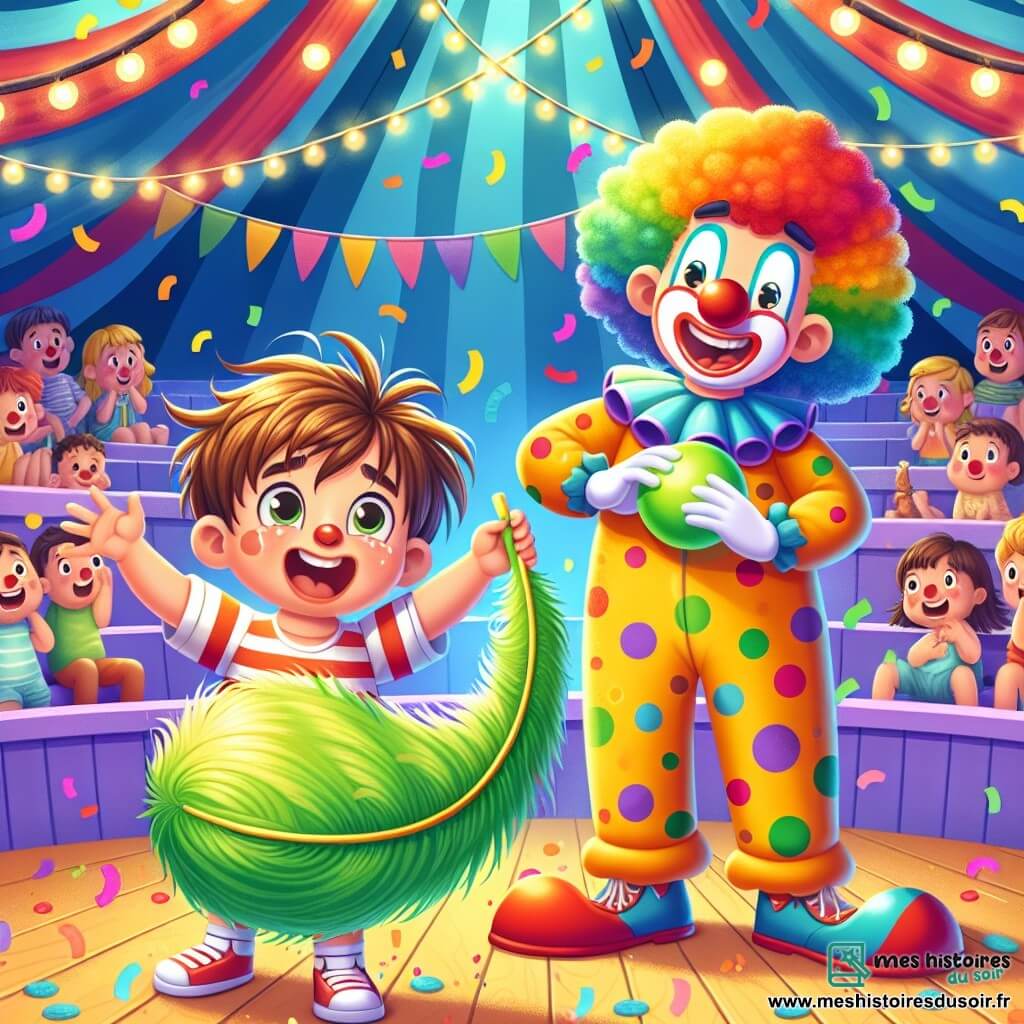 Un petit garçon de 2 ans, Léo, avec des cheveux bruns en désordre et un sourire éclatant, tient une grande plume verte. Il est debout, les bras levés, plein d'excitation. À côté de lui, Coco le Clown, un homme d'environ 30 ans avec un grand nez rouge et un costume multicolore, fait des grimaces en riant, tout en tenant un ballon en forme d'animal. La scène se déroule sous un chapiteau de cirque, avec des lumières scintillantes et des spectateurs émerveillés assis sur des bancs en bois, entourés de confettis. Léo chatouille Coco avec sa plume verte, créant une atmosphère joyeuse et festive.