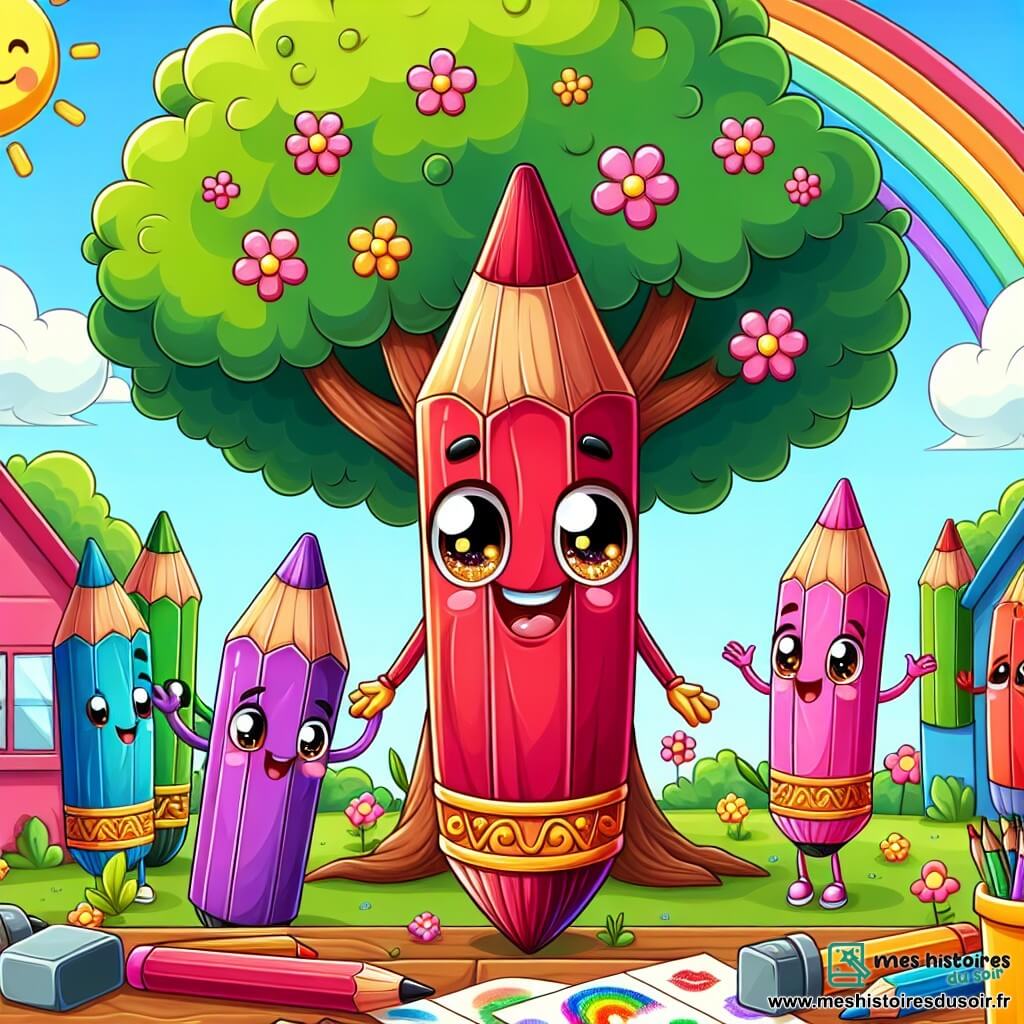 Illustration d'un petit crayon rouge souriant, curieux, tenant un pinceau coloré, sous un grand chêne. À côté, un crayon mauve avec des motifs dorés montre des dessins colorés, tandis qu'un crayon rose efface une petite erreur sur une feuille. La scène se déroule dans une cour d'école ensoleillée, entourée de fleurs et de maisons colorées. Des crayons et des gommes sont éparpillés sur une table en bois, et des dessins sont accrochés au mur. Les crayons partagent leurs talents artistiques, apprenant et créant ensemble. Des éclats de couleurs vives, des arcs-en-ciel et des bulles de dialogue avec des mots d'encouragement flottent autour d'eux.